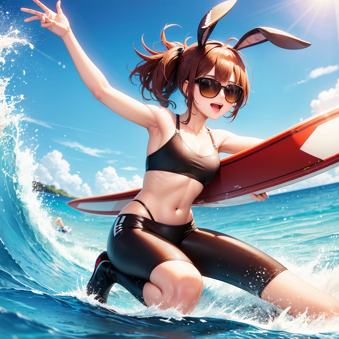 Bunny woman in bikini、She has a realistic rabbit face but a human body.、grotesque