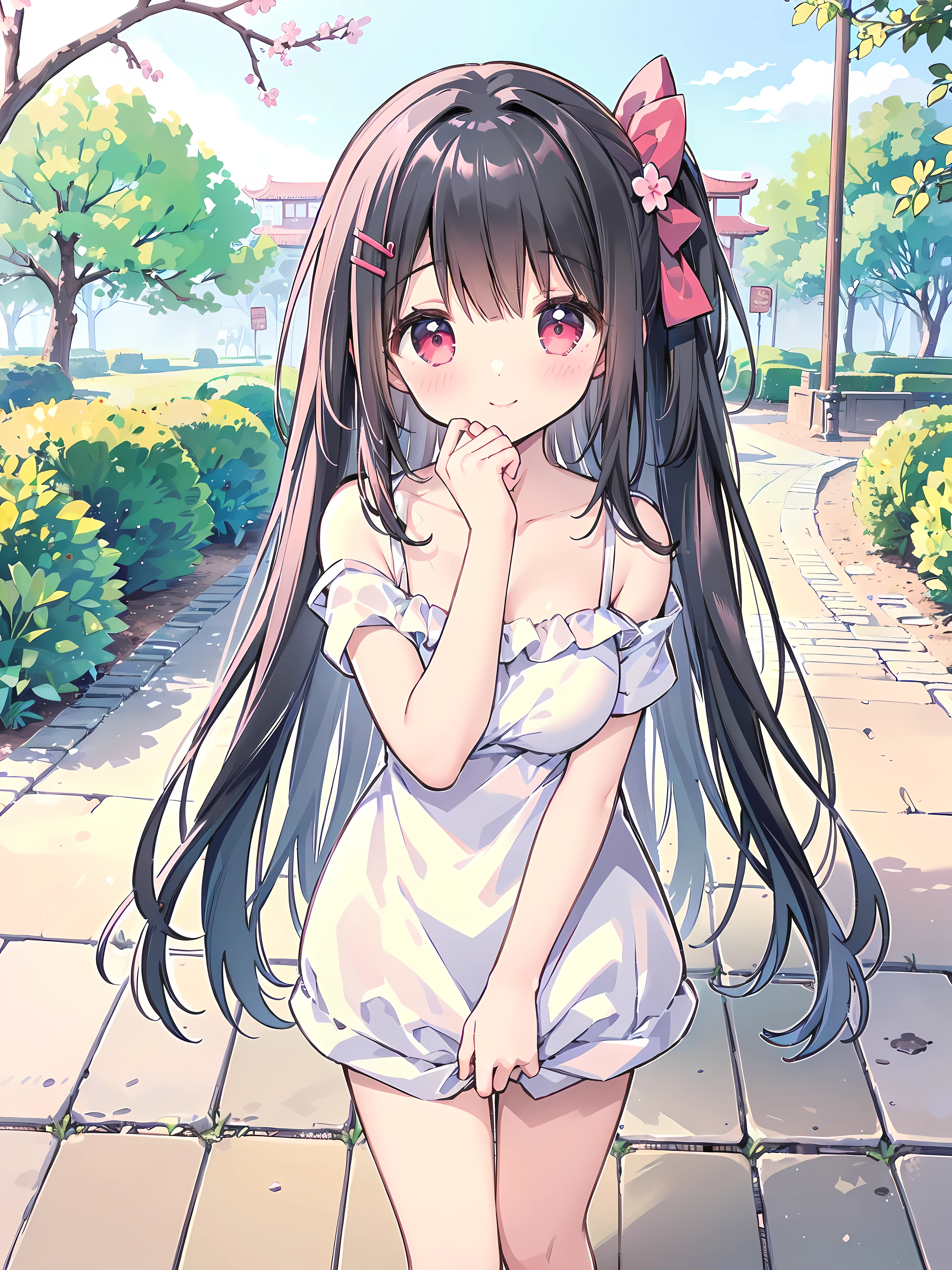 Nardack style lora, (1 girl), (gentle housewife, small girl, B cup size, collarbone, full body, short figure girl, cute and perfect woman, mature aura:1), (masterpiece, best quality, dynamic camera, dynamic view:1.1), ((very long hair, bangs, gentle look, gentle smile, gentle eyes, mature looking, pinkish cheeks, very detailed eyes, very detailed pupils, very detailed ridiculously long black ponytail hair, detailed face, detailed ruby red eyes, detailed long black straight Japanese traditional hair)), (happy gentle face, warm smile, blushing red cheeks:1.2), (casual clothes, on date, in the park, sakura tree walkway:1.35), (reaching both hands forward, arms wide open, inviting embrace, perspective from first person point of view, warm and welcoming body language:1.5)