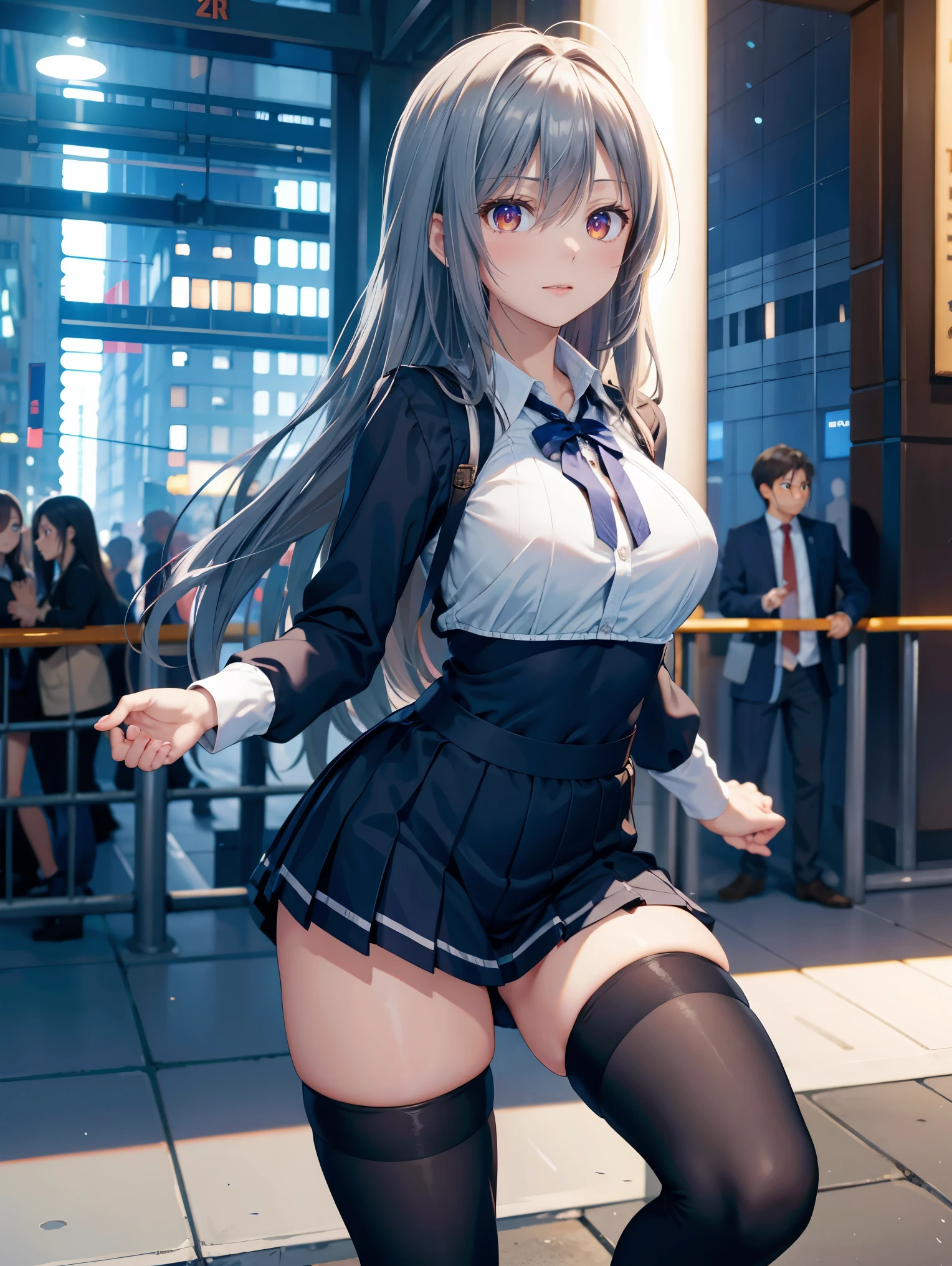(((panty shot)))、mini skirt blazer、Beautiful Girl Magician、silver hair upstyle、((whole body))、(((photo taken from below)))、school gate