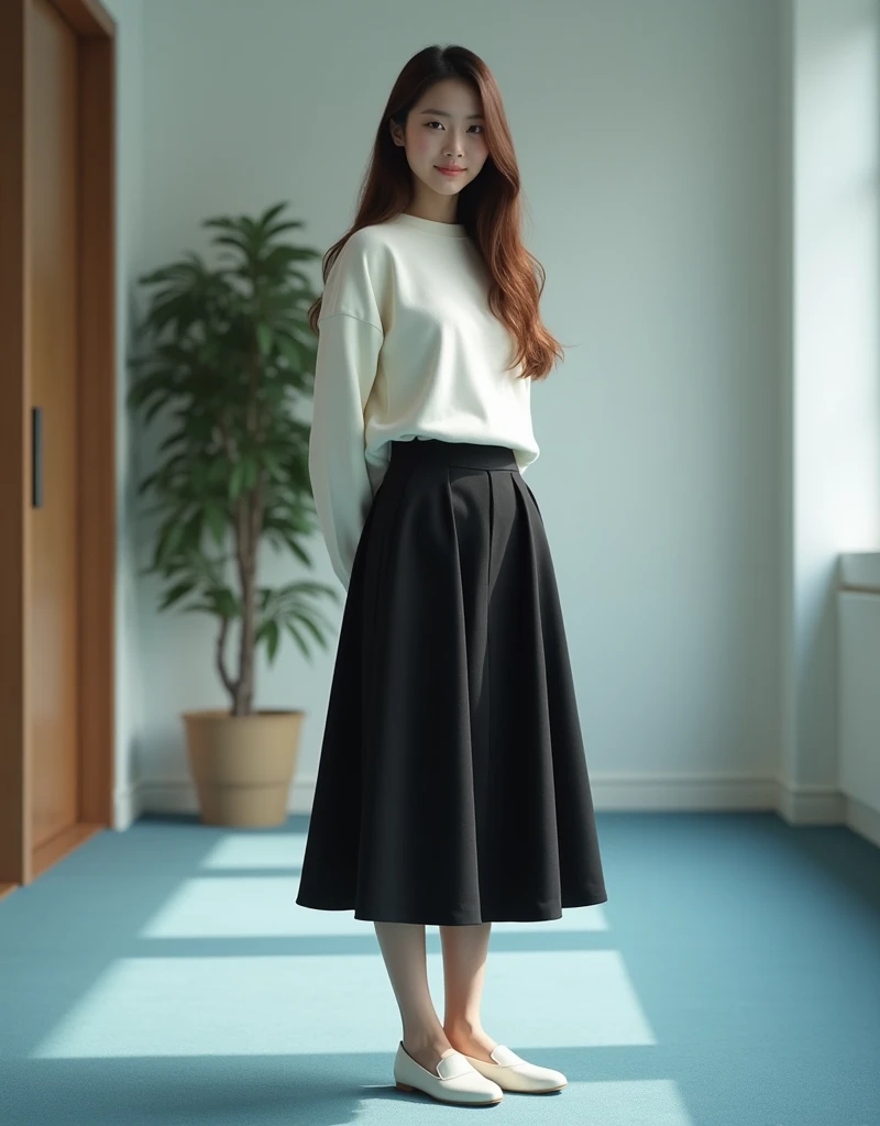A girl with a white tight long-sleeved shirt with a skirt, a pleated skirt, black leggings, canvas shoes and glasses and the girl has good-sized breasts and butt 