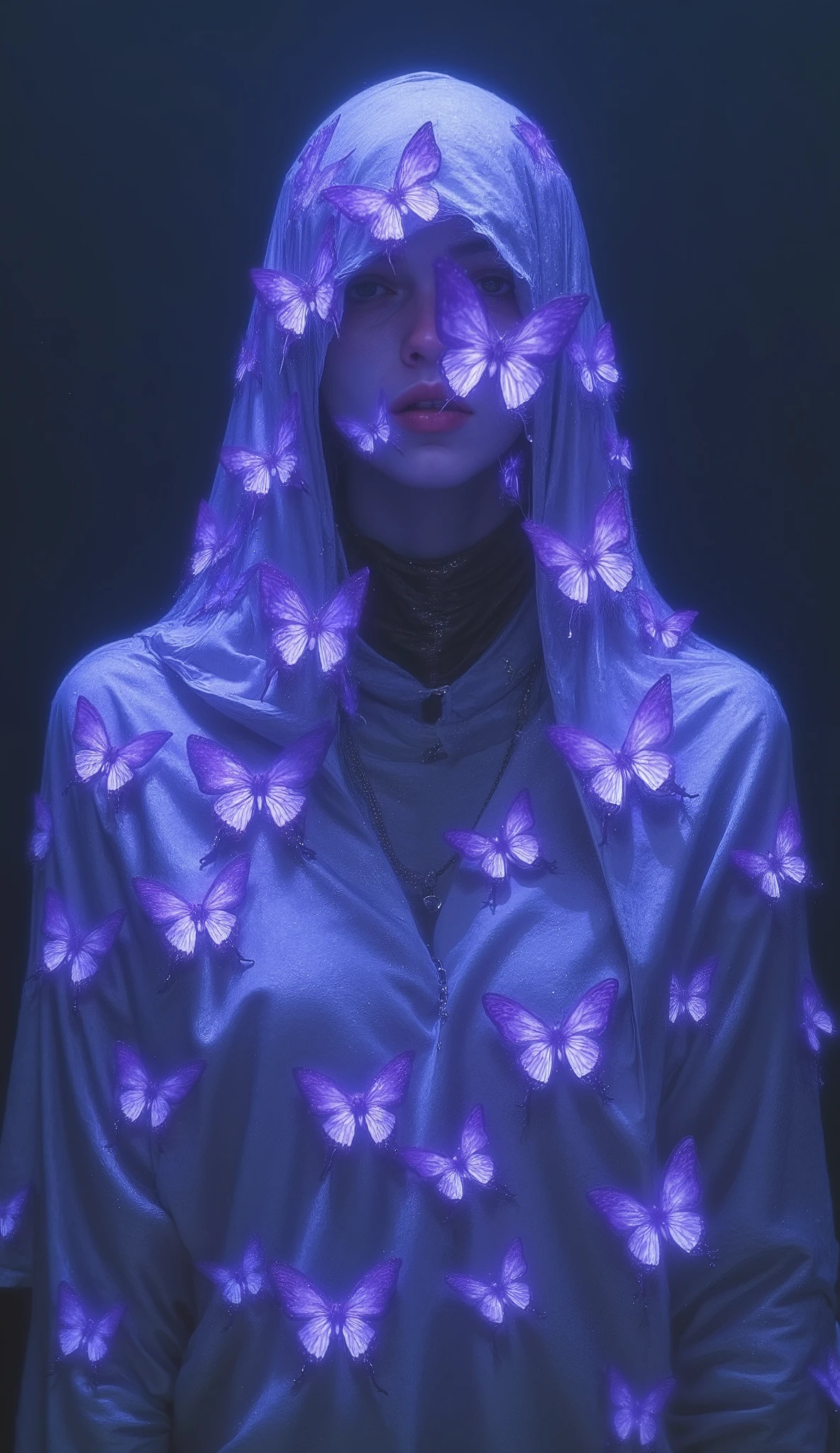 [Person shrouded in a light grey fabric, covered in numerous glowing purple butterflies, conveying a sense of mystery and hidden identity, melancholic yet serene mood], [Digital painting, Surrealism], [Reference to the style of  Brooke Shaden and  Gregory Crewdson for the dramatic lighting and mood], [Low-key lighting emphasizing the glowing butterflies,  deep blue-grey background, soft fabric texture, shallow depth of field to blur the background,  focus on the butterflies and the fabric,  vibrant yet desaturated purple glow on the butterflies,  realistic rendering of the fabric and skin,  use of a wide-angle lens to capture the whole scene,  subtle grain for a slightly vintage feel].