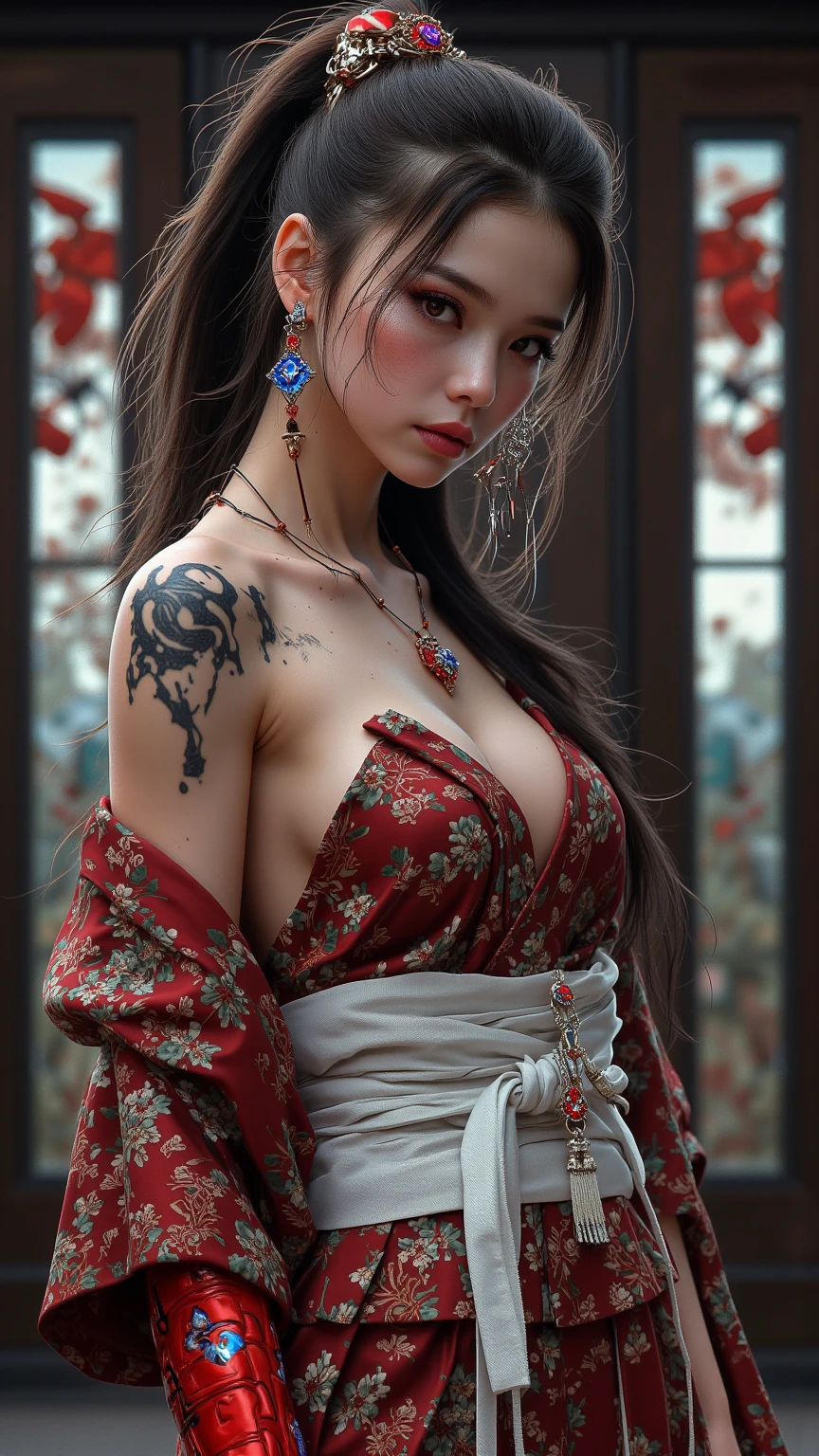 An ancient Chinese beauty, charming temperament, flowing long skirt, clear face, beautiful eyes, osmanthus surrounding, perfect body structure proportional masterpiece, super detailed, epic composition, color tattoo art, new traditional tattoo art, SD tattoo design, color tattoo art, mysterious warm and friendly atmosphere, hyper-realistic painting, super HD, high quality, highest quality, 32k --v 6