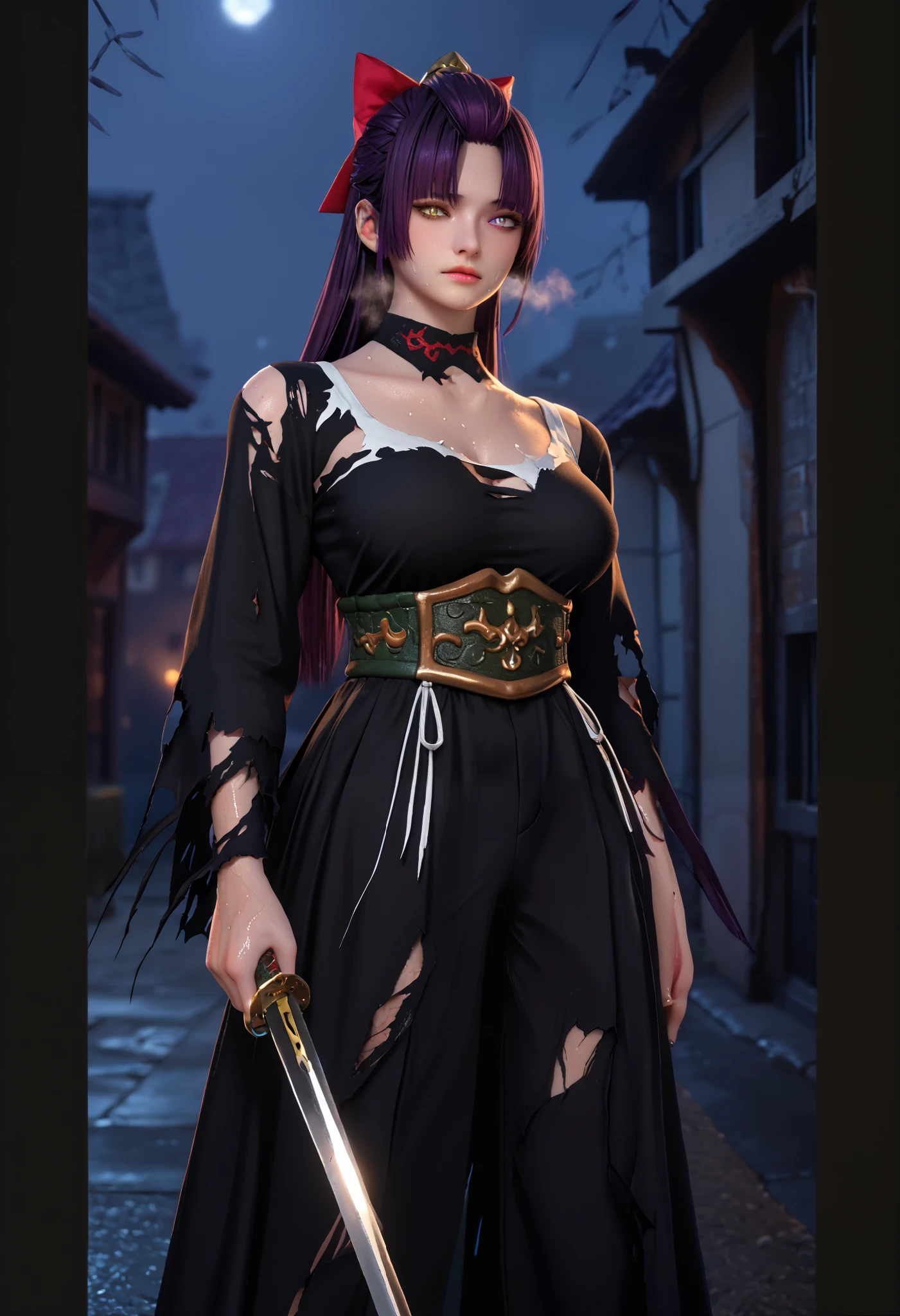 takahiro_style, score_9, score_8_up, score_7_up, score_6_up, uncensored, SHIKOKU_(MATO_SEIHEI_NO_SLAVE), purple hair, purple eyes, slit pupils, long hair, hair bow, red bow, parted bangs, ribbon trim, half updo hair, straight hair, medium breasts, mature female, 3d, cgi, (voluptuous:1.3), (thick:1.3), BREAK UHD, retina, masterpiece, accurate, anatomically correct, textured skin, super detail, high details, high quality, award winning, best quality, highres, 4K, black nails, makeup, eyelashes, excessive sweating, sweating, sweating drop, (gasping, heavy breathing:1.3), (skindentation:1.2), perfect eyes, beautiful eyes, eyelashes, makeup, detailed body, perfect body, BREAK, 1girl, weapon, sword, solo, holding_weapon, holding, breasts, holding_sword, looking_at_viewer, cleavage, night, katana, long_sleeves, outdoors, belt, bright pupils, (heterochromia:1.2), closed_mouth, dress, pants, standing, black_pants, black_dress, building, (torn clothes:1.3), ((revealing clothes:1.2)
