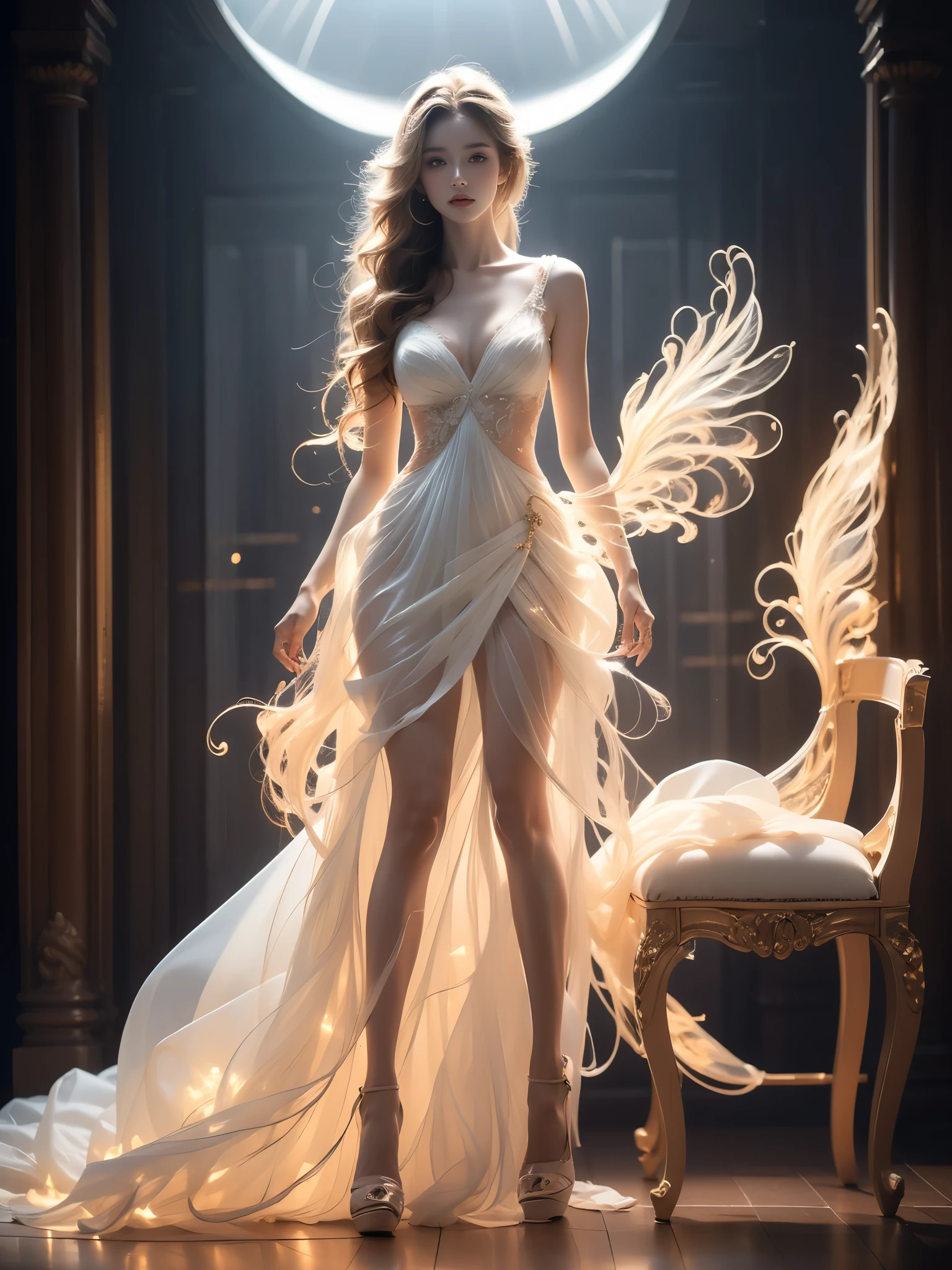 HonkaiStarRail_Robin,1girl, blue long hair,blue eyes,(halo,head wings),blue&white dress, high heels,
,,realistic elegant woman, fashion model sitting gracefully with (anatomically correct legs:1.3), (balanced weight distribution on chair:1.2), relaxed hip position, toned legs with proper muscle definition, (perfect human proportions:1.4), professional studio lighting with Rembrandt setup, soft ambient fill, fashion editorial composition, refined facial features, silky flowing hair, subtle makeup, natural skin texture with fine details, designer outfit, high end fashion magazine style, professional photography, 8k resolution, masterful technical execution, award winning fashion photography