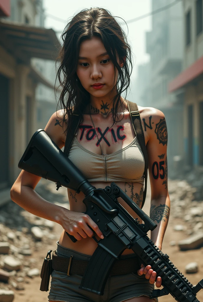 8k,Realistic Photo、Realistic Skin Texture、Superrealism、Japanese women living in America、General citizens、Civilian、Tattoo、cap、jeans、Short sleeve shirt、Beauty、American cityscape、Old building、Pistol、Covered in scars、It is dirty、muscle、The background is out of focus、Dramatic Images、Battleground、The strongest woman、Former Marine、abandoned car、Be vigilant