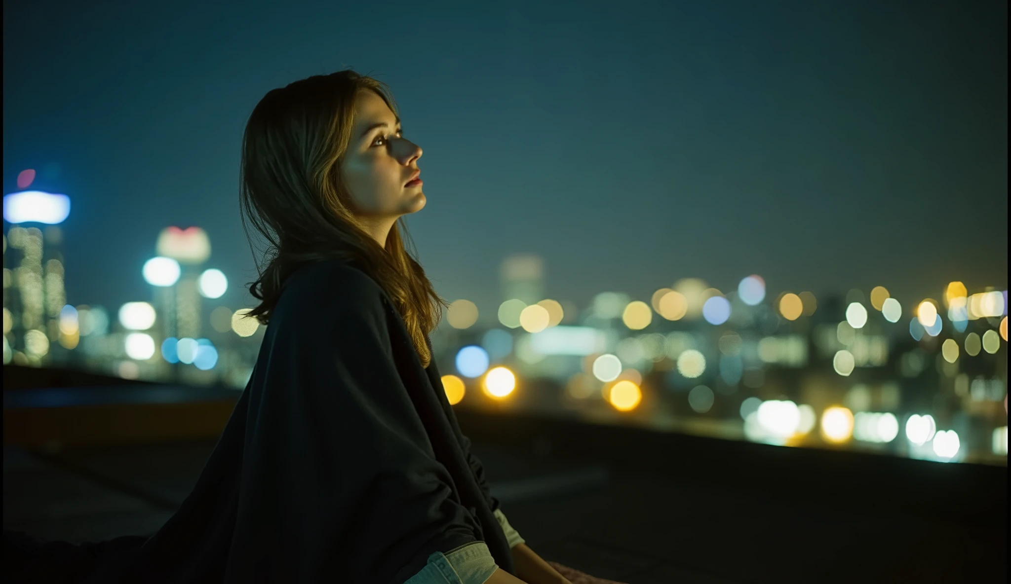 Create a cinematic close-up of a young woman sitting on a rooftop at night, gazing at the city skyline, captured in the nostalgic style of a disposable camera. She’s wrapped in a cozy blanket, with a soft. The warm, grainy tones of the disposable camera effect, with subtle light leaks and slight imperfections, enhance the vintage aesthetic. The blurred background reveals the twinkling city lights and distant skyscrapers under a starry sky, evoking a peaceful, dreamy atmosphere filled with solitude and magic