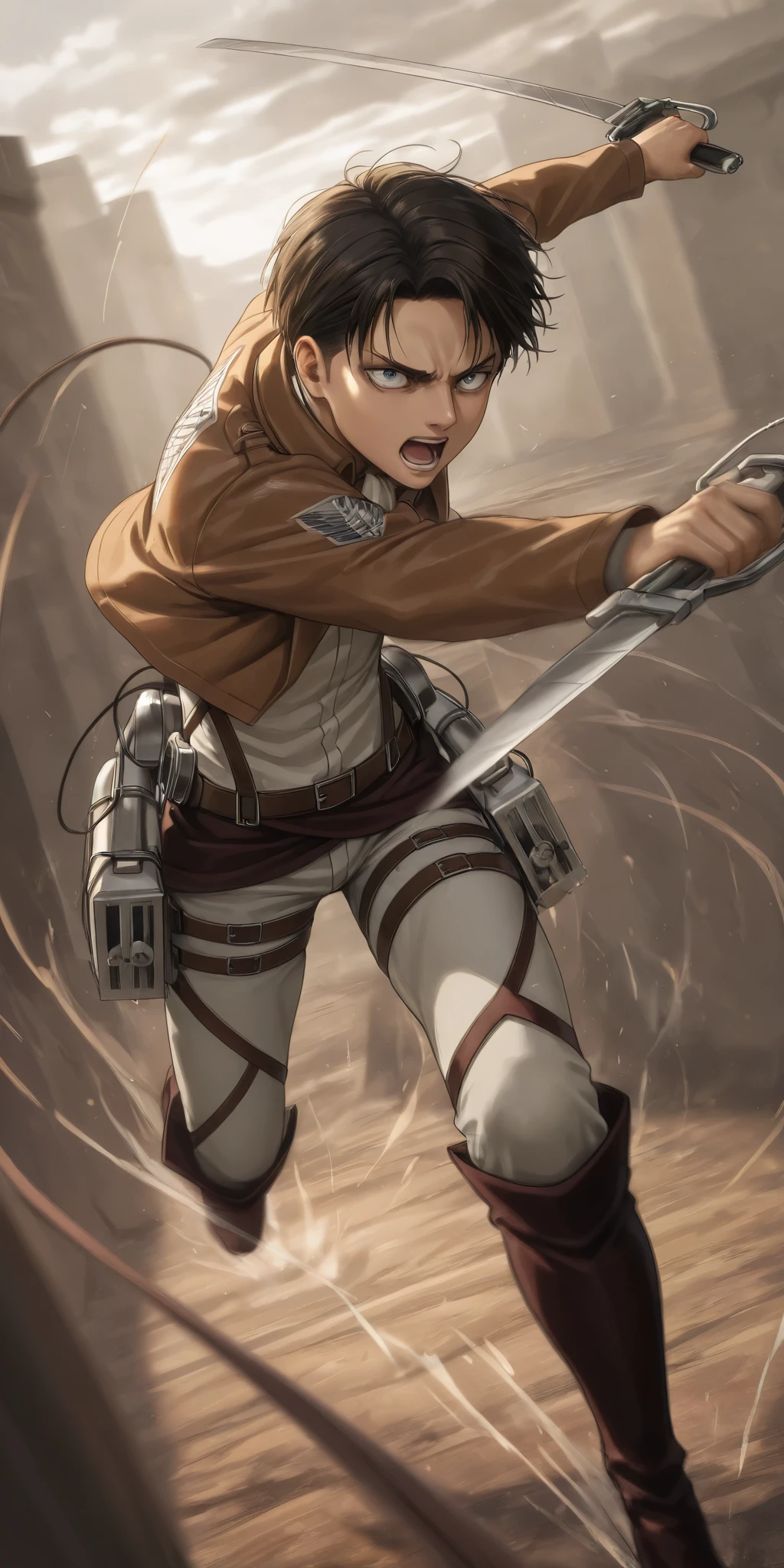 solo,1boy\(Levi Ackerman\(attack of titan\),diving to Titan from high above by The 3-D Maneuver Gear, downspin,motion blur,(dynamic pose),mad,angry,open mouth,holding 2swords\).anthro,screen capture.dynamic angle. BREAK .quality\(8k,wallpaper of extremely detailed CG unit, high resolution, top-quality, top-quality real texture skin, hyper realistic, increase the resolution, RAW photos, best quality, highly detailed, the wallpaper, golden ratio, high saturation realism, vibrant colors, dramatic lighting, persuasive storytelling, atmospheric scenery, captivating visuals, intricate details, strong emotions, dreamlike world\).landscape, dutch angle,action shot,(motion blur:1.3),limited color,tense battle scenes