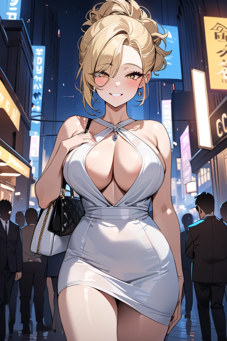 top quality, masterpiece,  high resolution, 8k,  anatomically correct human body, The right move,  beautiful hands , 1 Girl, Alone, (((cowboy shot))), black hanging eye, ((( wear blonde hair up ))), (((Busty Wife))), (((smile))), (Walking the city at night), milf,  ((( sexy dress))), (luxury handbag ),  Audience 