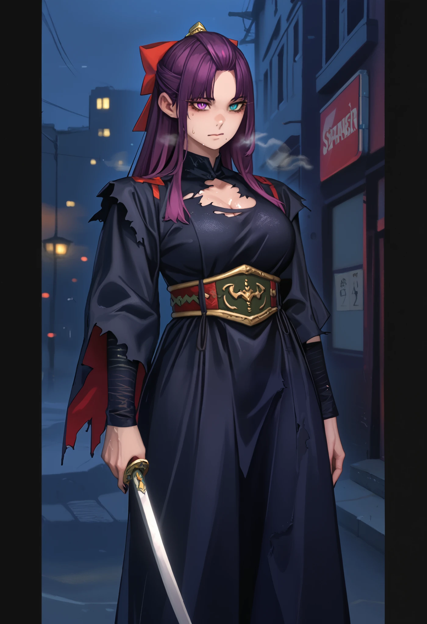 takahiro_style, score_9, score_8_up, score_7_up, score_6_up, uncensored, SHIKOKU_(MATO_SEIHEI_NO_SLAVE), purple hair, purple eyes, slit pupils, long hair, hair bow, red bow, parted bangs, ribbon trim, half updo hair, straight hair, medium breasts, mature female, anime coloring, anime screencap, shiny skin, (voluptuous:1.3), (thick:1.3), BREAK UHD, retina, masterpiece, accurate, anatomically correct, textured skin, super detail, high details, high quality, award winning, best quality, highres, 4K, black nails, makeup, eyelashes, excessive sweating, sweating, sweating drop, (gasping, heavy breathing:1.3), (skindentation:1.2), perfect eyes, beautiful eyes, eyelashes, makeup, detailed body, perfect body, BREAK, 1girl, weapon, sword, solo, holding_weapon, holding, breasts, holding_sword, looking_at_viewer, cleavage, night, katana, long_sleeves, outdoors, belt, bright pupils, (heterochromia:1.2), closed_mouth, dress, pants, standing, black_pants, black_dress, building, (torn clothes:1.3), ((revealing clothes:1.2)
