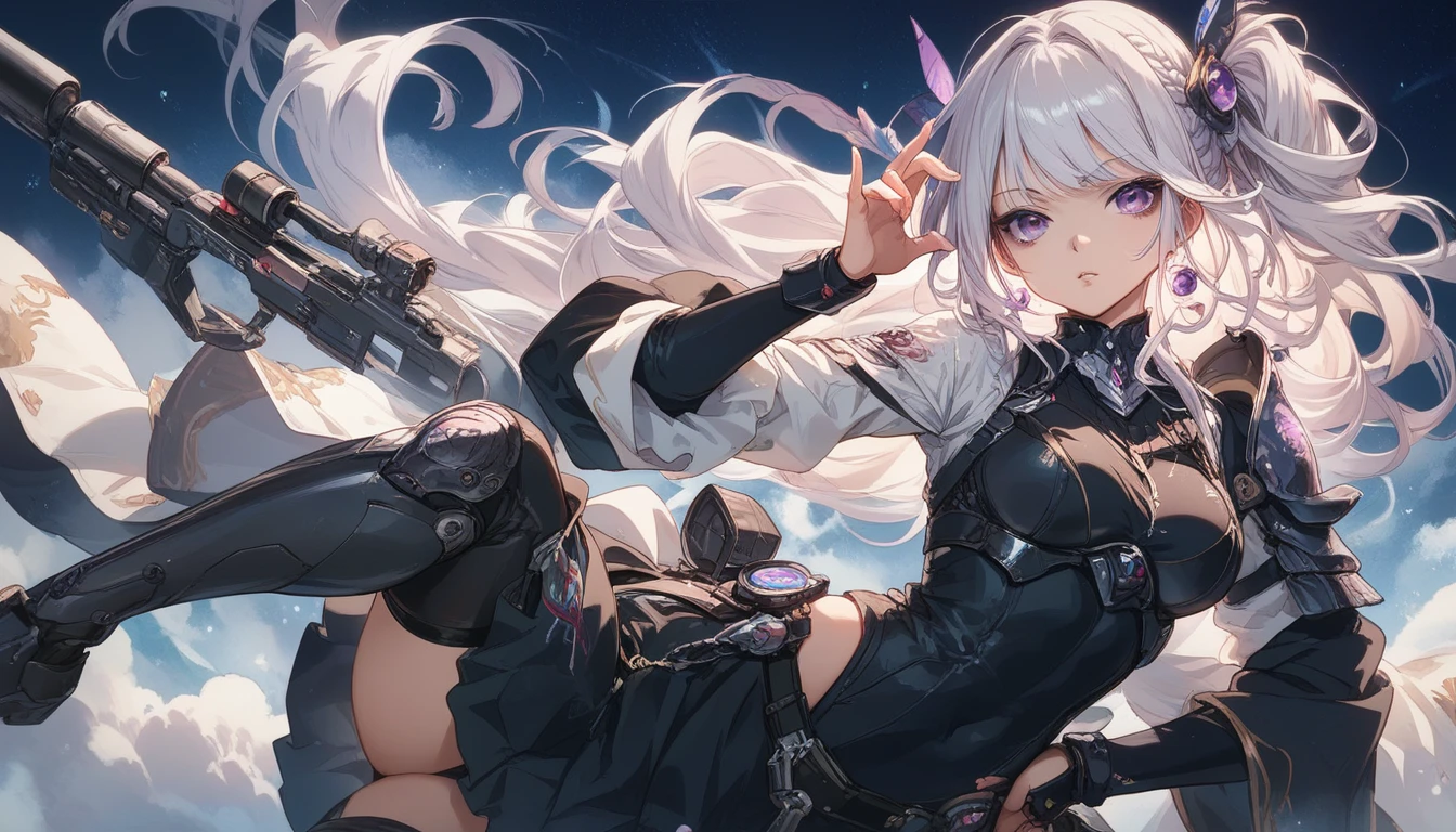 (best quality,4k,8k,highres,masterpiece:1.2),ultra-detailed,HDR,girl:1.1,standing,anime,eyes,sharp focus,military base,uniform,weapon,detailed background,serious expression,cool pose,dynamic lighting,moonlit night,mech in the distance,hairstyle,colorful sunset,sparkling stars,long hair,cloudy sky,cute face,White hair, purple eyes.