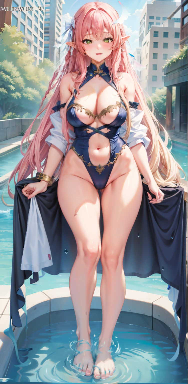 girl,Large Breasts,long hair,Topless,Bow,Blonde Hair, Purple Eyes, Cleavage,Large Breasts,whole body,NUDE