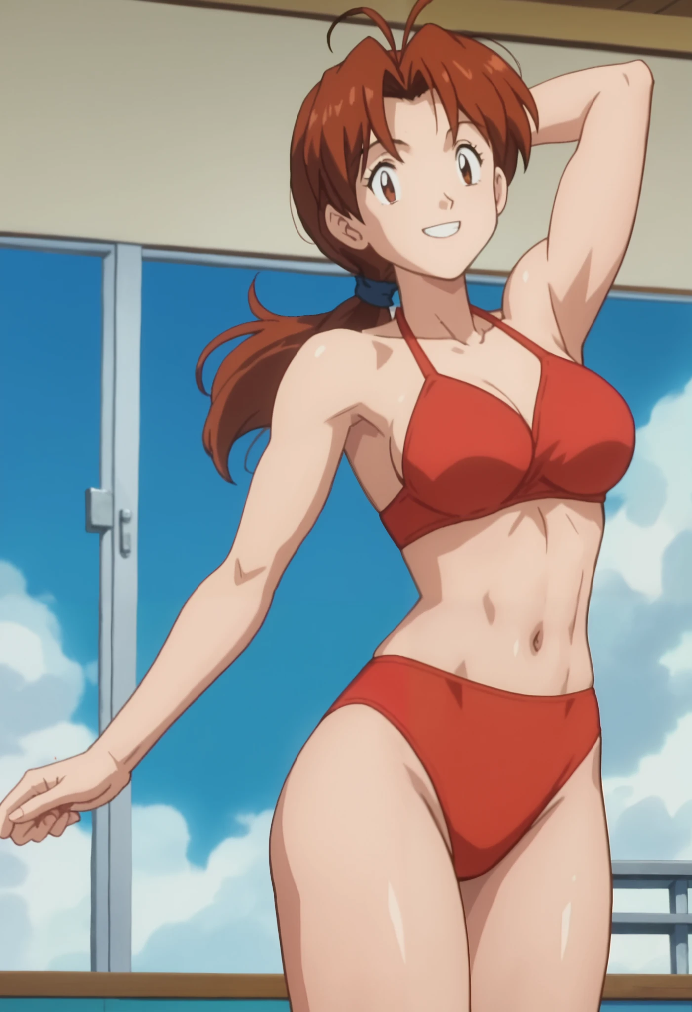 score_9, score_8_up, score_7_up, score_6_up, anime screencap, anime coloring, PMDeliaK, 1girl, solo, brown hair, ponytail, ahoge, long hair, parted bangs, brown eyes, hair tie, (soft biceps:0.8), bare shoulders, medium breasts, long thighs
red bikini,
smile, looking at viewer, standing, dancing
BREAK, indoors, blue sky, sunbeam,
