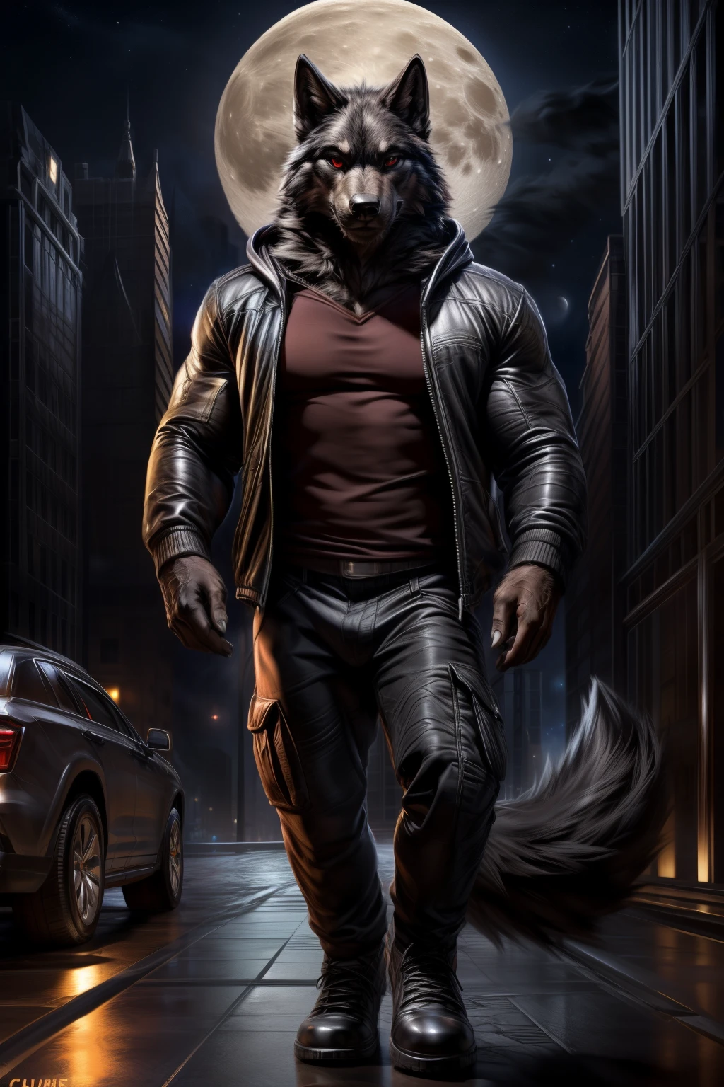 ((By Chunie)), ((By Zaush)) ((By Darkgem)), ((By Anhes)), handsome, sexy, hot, muscular male furry anthro ((Black Wolf)), male, wolf, canine, black fur, ((wearing black long jacket over dark red t-shirt and a dark grey zip up hooded jacket)), (((detailed))), (((detailed features))), (((detailed lighting))), (((detailed shading))), (((detailed fur))), fur, ((black fur)), tail, wolf tail, ((all black fur)), male wolf, eyes, (((detailed eyes))), (((perfect eyes))), ((red pupils)), ((dark charcoal pants)), ((black cargo pants)), black shoes)), (((pose))), (((posing))), (((cool pose))), (((looking at viewers))), ((standing)), muscles, black male wolf, city, city skyscraper, ((roof top)), ((night sky)), ((detailed night sky)), ((full moon)), ((detailed moon)), ((wolf moon)), (((landing pose)))