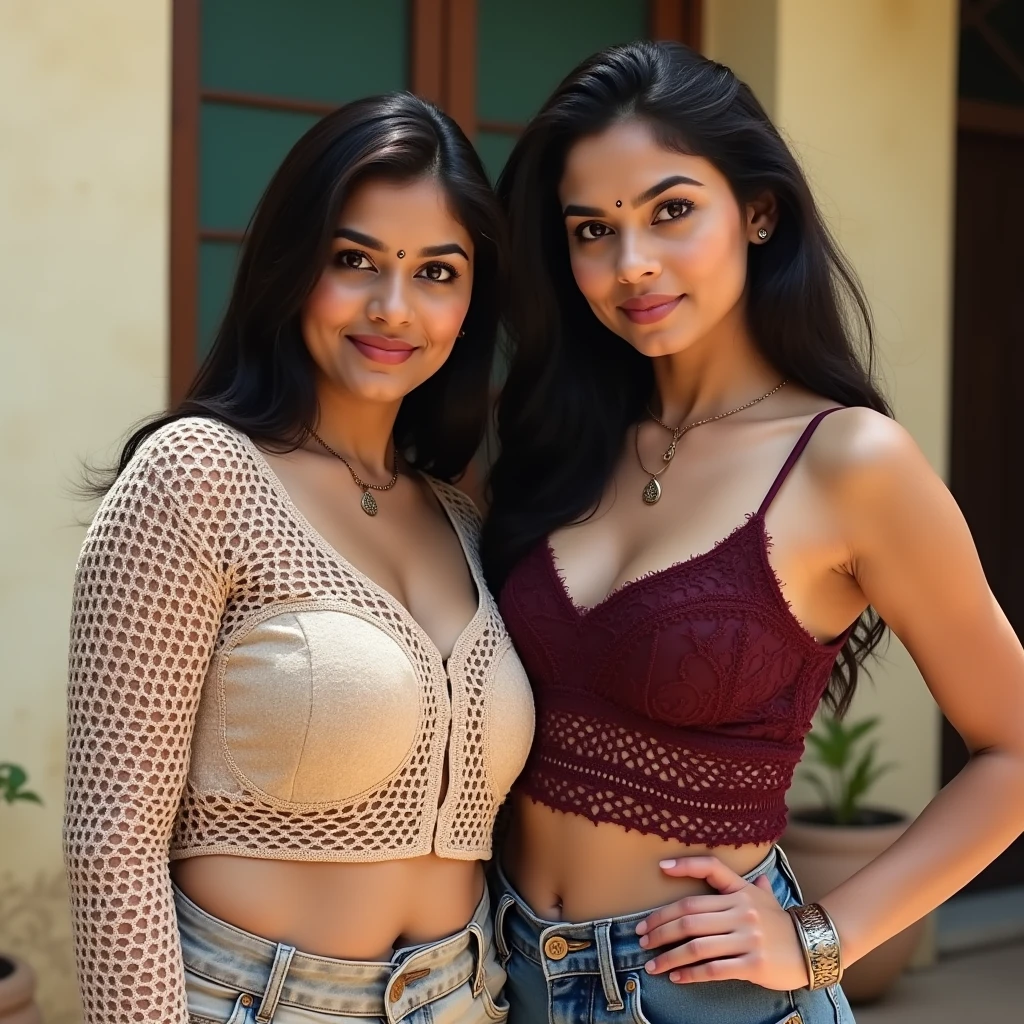 2 extremely beautiful girls, 18 year old Tamil girl and 25 year old American girl respectively, roaming in city streets, sleeveless blouse, mini skirt, shoes, baseball caps, vibrant colors, (suppressed:1.2, smile:1.2), midriff round deep navel, curvaceous waist, ponytail hair, eyes symmetry, face symmetry, low contrast, best quality, ultra highres, photo realistic, ultra detailed, full body shot from bottom