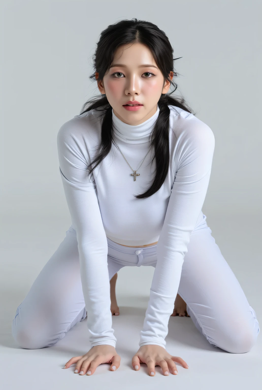 a female teacher , hands and knees flattened with the waist raised up the equivalent of the body, berpose doggystyle, visible from the head to the eyes of the feet, using long sleeve turtle neck fabric T-shirt in white, using long latex pants up to the toe, using a cross necklace , G-cup sized breasts