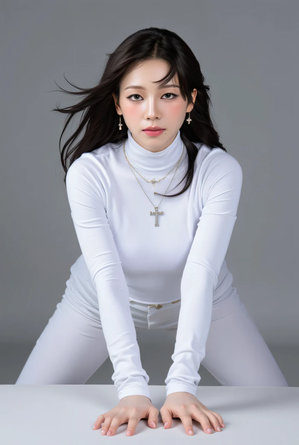 a female teacher , hands and knees flattened with buttocks raised up the equivalent of the body, berpose doggystyle, visible from the head to the eyes of the feet, using long sleeve turtle neck fabric T-shirt in white, using long latex pants up to the toe, using a cross necklace , G-cup sized breasts