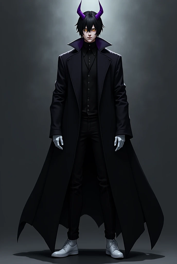 "A black-haired man with two purple horns and cream-colored eyes wears a long black coat, white gloves, black pants and white shoes.