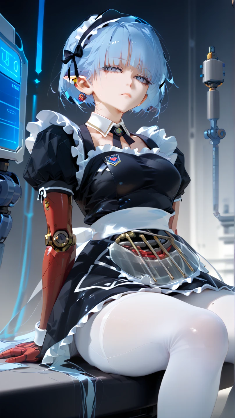 (8k, Realistic, RAW Photos, Highest quality, Angle of view from your feet: 1.3), (Fox Girl, Fox Ears, One Girl, Alone on the screen, dark skin, High definition, (boyish, Silver color very short hair), (Silver and blue odd eyes):1.4), とてもbeautiful, (Realistic Face), (maid apron, Clothes that are mainly black with red accents, Long skirt, Clothes with an open chest, (machinery suit, mecha musume):1.5), (Body measurements: 88-55-77!, Height is 145 cm, Nice body, Big Breasts, skirt hold, slender, Accentuate the cleavage:1.6), Standing posture, A brilliance that captivates the viewer, beautiful expression, beautiful breasts, (Realistic Skin), beautiful...