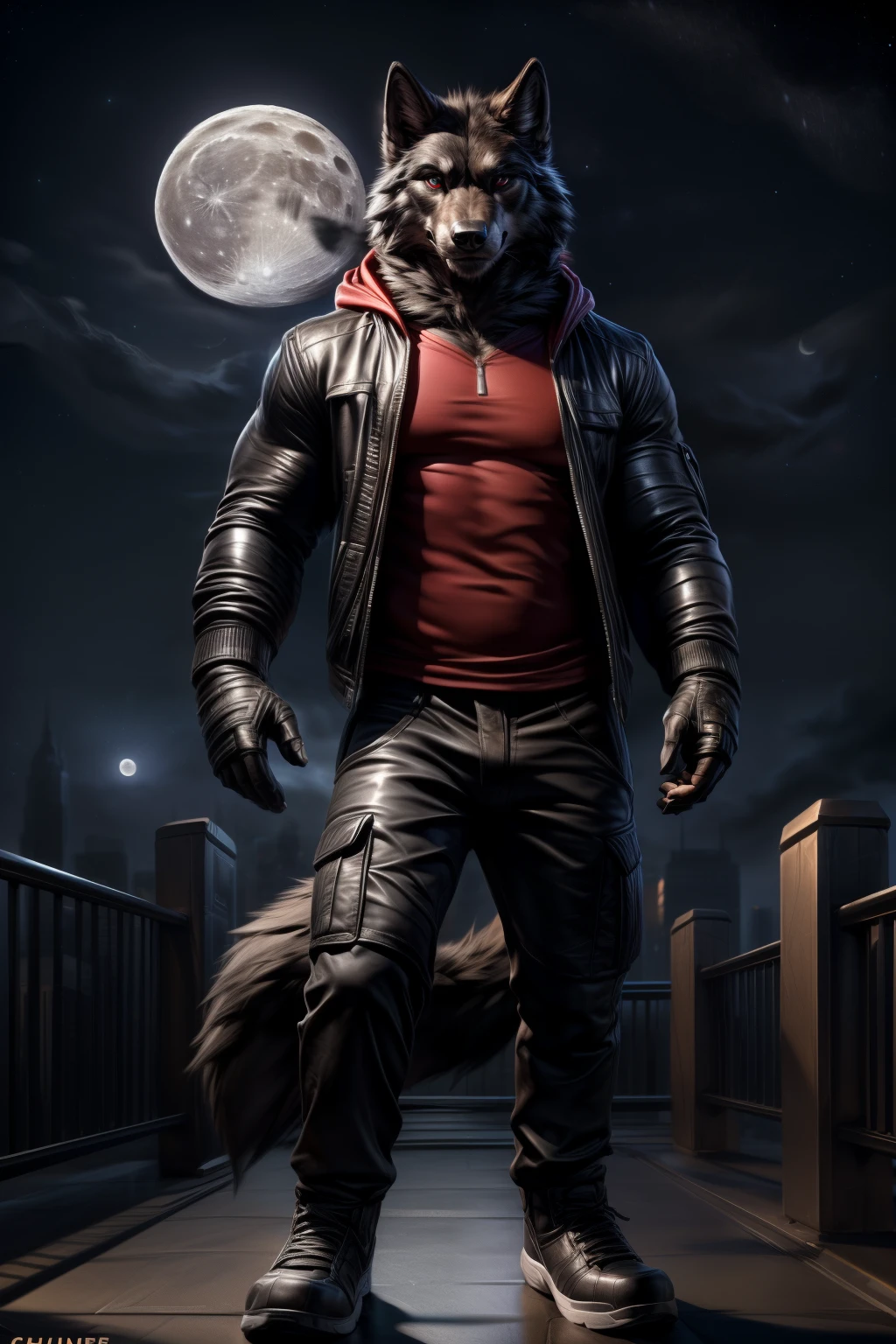((By Chunie)), ((By Zaush)) ((By Darkgem)), ((By Anhes)), handsome, sexy, hot, muscular male furry anthro ((Black Wolf)), male, wolf, canine, black fur, ((wearing black long jacket with dark over red t-shirt and a dark grey zip up hooded jacket)), (((detailed))), (((detailed features))), (((detailed lighting))), (((detailed shading))), (((detailed fur))), fur, ((black fur)), tail, wolf tail, ((all black fur)), male wolf, eyes, (((detailed eyes))), (((perfect eyes))), ((red pupils)), ((dark charcoal pants)), ((black cargo pants)), black shoes)), ((black fingerless gloves)), (((pose))), (((posing))), (((cool pose))), (((looking at viewers))), ((standing)), muscles, black male wolf, city, city skyscraper, ((roof top)), ((night sky)), ((detailed night sky)), ((full moon)), ((detailed moon)), ((wolf moon)), (((landing pose)))