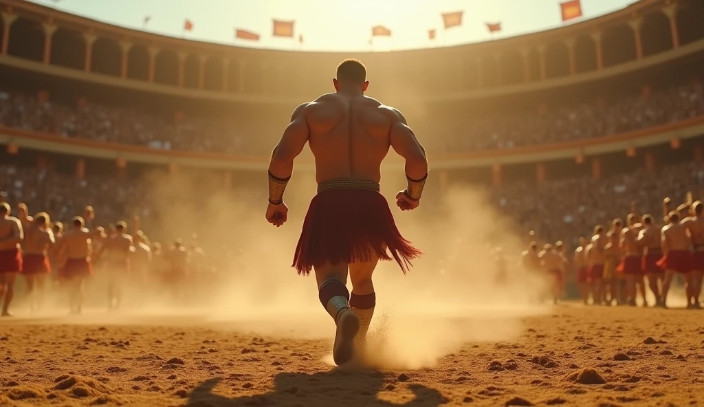 Mighty gladiator, upper torso exposed, legs unclothed from thighs to feet, flowing long curls, detailed muscular physique, lifelike depiction, 4K resolution. Background: Roman colosseum filled with cheering crowd.,32k uhd, best quality, masterpiece, super detail, high details