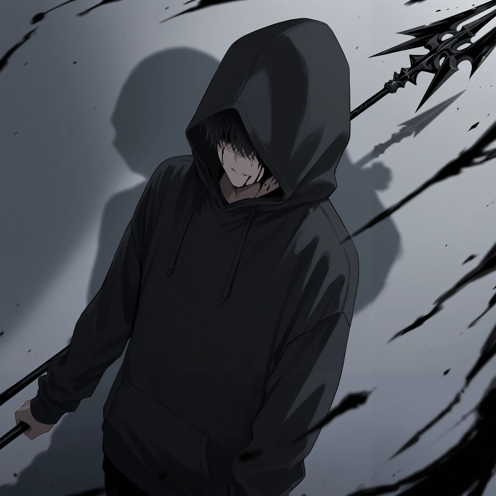 A man with half of his face covered in black ink,black hoodie,Shadow spear weapon,A living shadow