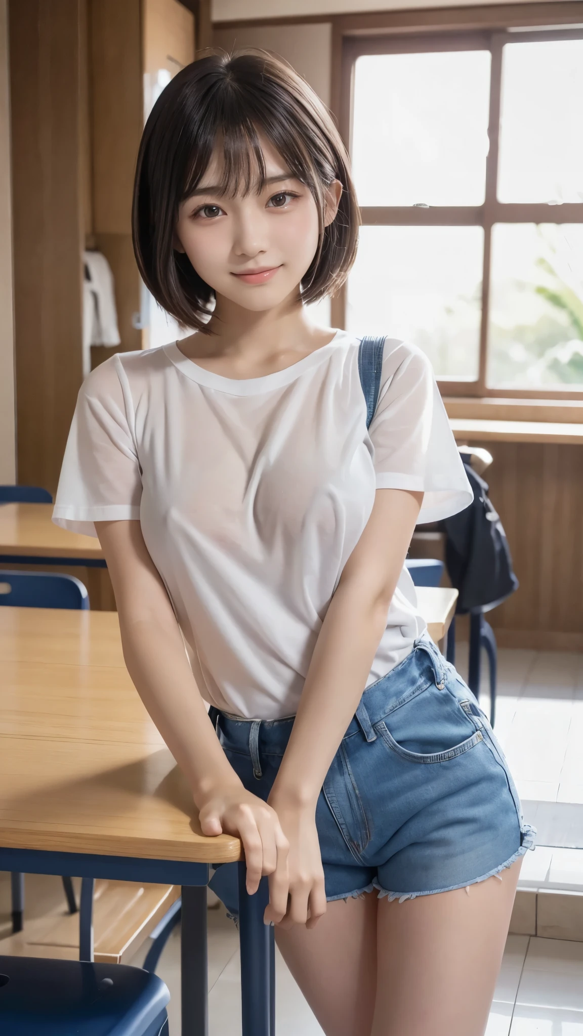 School, Idol, one girl, Japanese , , Elementary School stud body hair, Thin legs, Attention to Details, best quality , high resolution, bob hair, Short Bob, ponytail, School uniform, Girls Wearing Denim Overalls Shorts, Middle School students, Elementary School studeset, moonlight, Face Cl see-through, no underwear, Beautiful breasts, erect nipples, Close up of , long t-shirt, anatomically accurate , textured skin , best quality , 8k, RAW photos , masterpiece:1.2, high detail , 超 high resolution, Ultra Fine, more details, accurate, reality