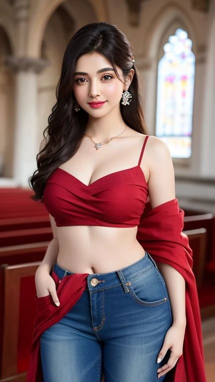 <lora:bralette-off:1>bralette bra, cleavage, grin, red skirt, midriff, hands on hips, realistic, solo, 1girl, jewelry, smile, simple background, skirt, black hair, long hair, earrings