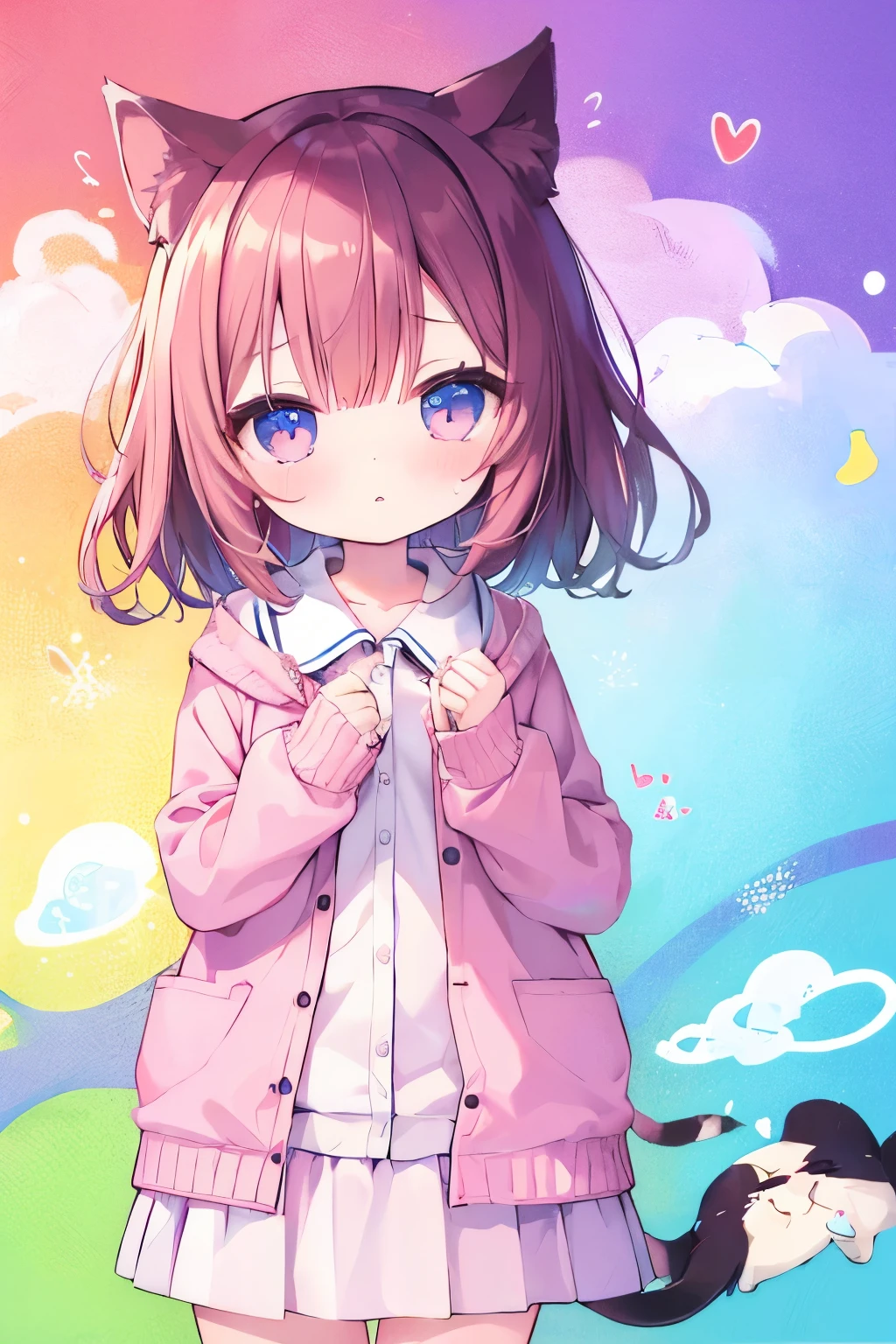 short, The hair color is light pink 、 cardigan、 Pink Skirt、 wear a collar 、 、Very beautiful and Eyeliner、 Eyeliner、1 person、Cat ears、((((( )))))、heart❤、((sweat、vapor))