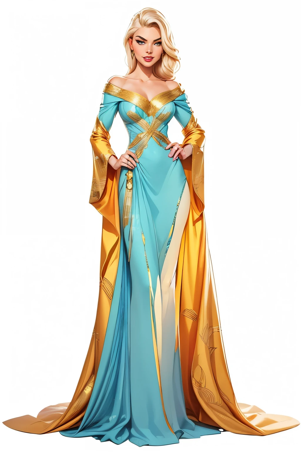 full body standing symmetrical looking to the viewer, white background, barefeet, princess long hair, blue eyes, blonde hair, dress, jewelry, earrings, pointy ears, bracelet, tiara, crown
