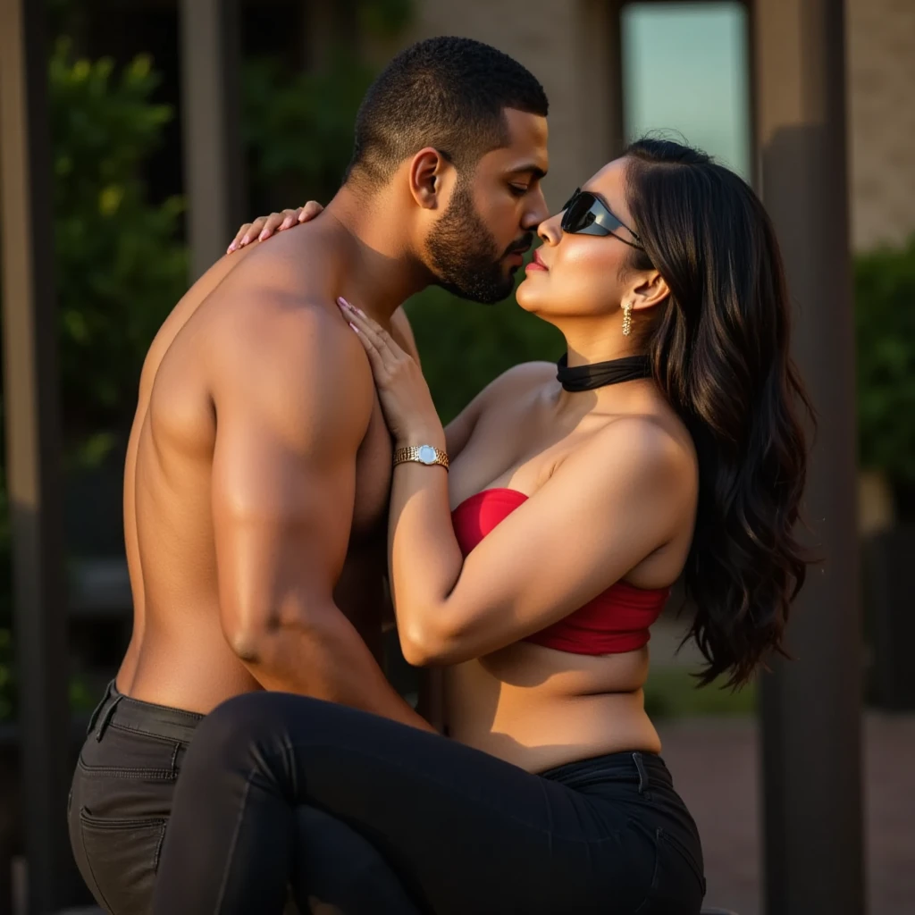 Create a realistic photograph of a smiling and beautiful indian woman in black leather bikini carrying a large stout man on her shoulders , in a exotic room, man is sitting on top of her shoulders , man on top, woman standing at bottom