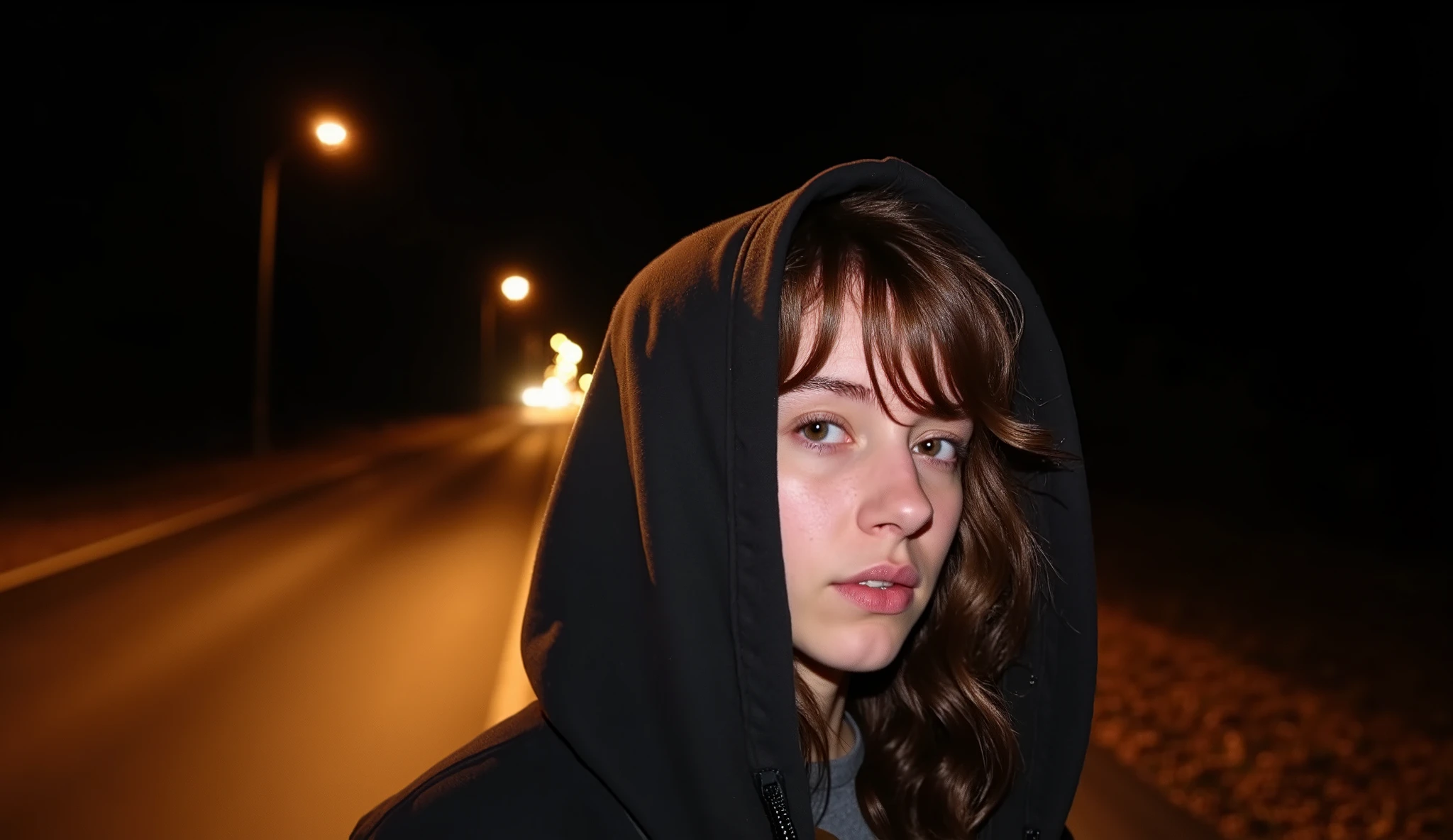 Create a cinematic close-up of a young woman on an empty road in the middle of the night, wear hoodie, no smile face, captured in the nostalgic style of a disposable camera. under the faint glow of a distant streetlight, with a soft, and introspection. The warm, grainy tones of the disposable camera effect, with light leaks and soft vignettes, enhance the vintage feel. Her hair is slightly tousled by the night breeze, and the blurred background reveals the faint outlines of trees and the endless stretch of asphalt fading into the darkness, creating a serene yet mysterious atmosphere
