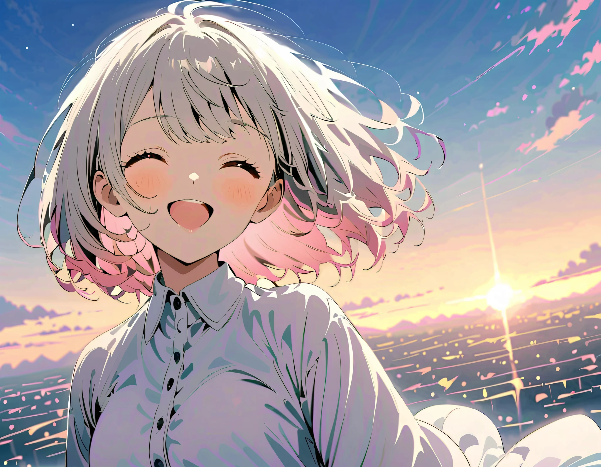 masterpiece, best quality, movie stills, 1 girl, cloud girl, floating in the sky, closure, bright, happy, Warm and soft lighting, Sunset, (spark:0.7)