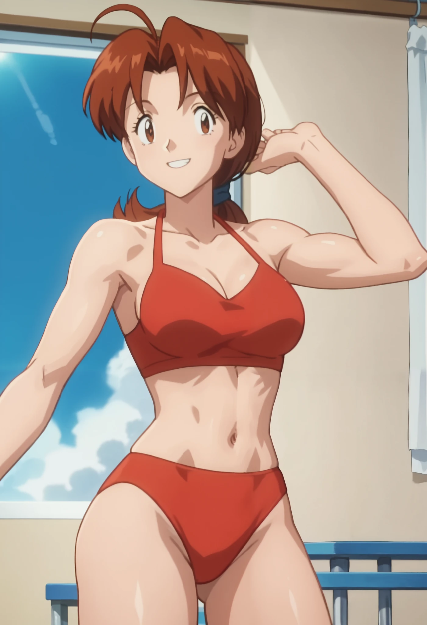 score_9, score_8_up, score_7_up, score_6_up, anime screencap, anime coloring, PMDeliaK, 1girl, solo, brown hair, ponytail, ahoge, long hair, parted bangs, brown eyes, hair tie, (soft biceps:0.5), bare shoulders, medium breasts, long thighs
red bikini, 
smile, looking at viewer, standing, dancing
BREAK, indoors, blue sky, sunbeam,