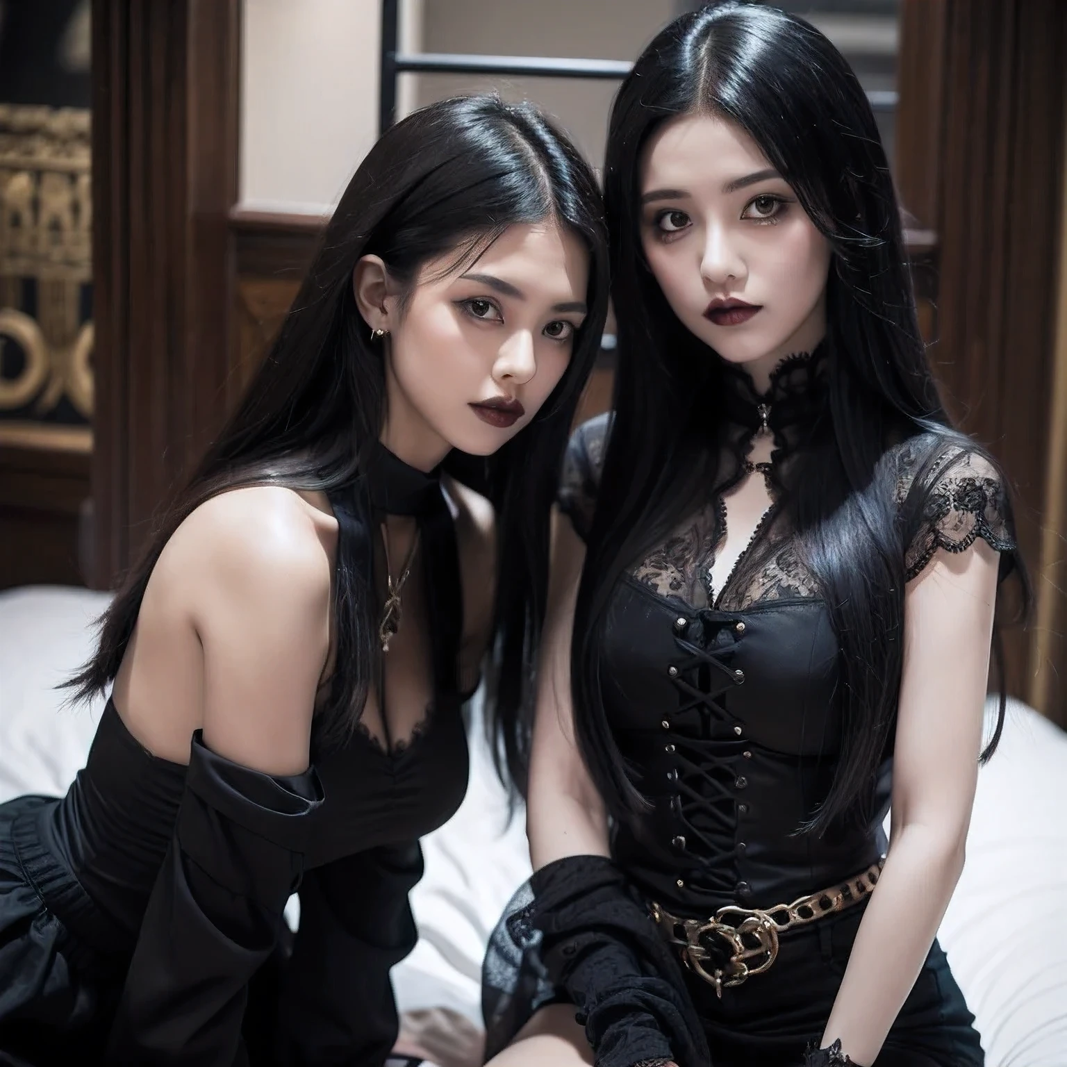 Create a stylish and powerful vampire, with long black hair and bright red eyes. Your skin is pale and flawless, and she wears a sophisticated gothic dress, Dark in color, with subtle silver or red details. next to her, include another girl with a puzzled or scared expression, with hair and clothes that contrast with the vampire, perhaps in lighter tones or with a more modern style. The background should be a dark and mysterious environment., like an ancient castle or a mansion, with soft lighting that highlights the figures.