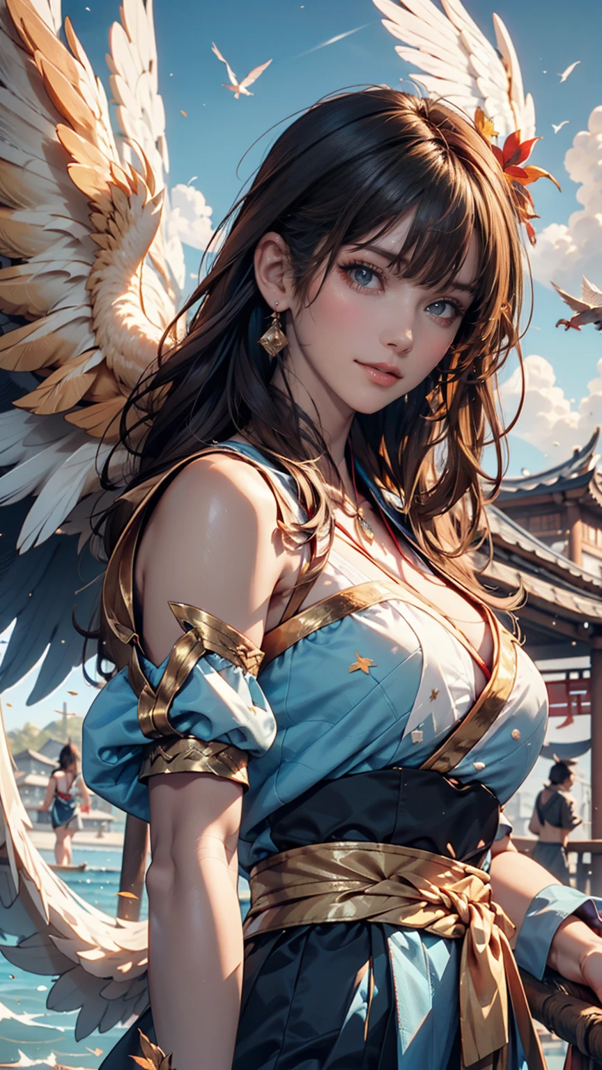 An angelic being without human affection, woman、Creator of the Universe, myth, The background of the image is, Heavenly Mountain Scenario, Orange Clouds. The image style should be cartoon-like, With powerful and impressive strokes, 登場人物にはmythや天使の要素が加わっている