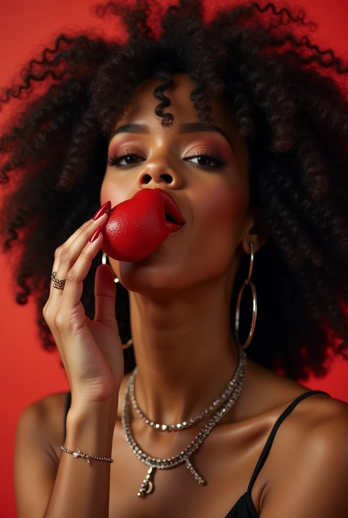 Side angle shot of black woman sitting model pose in an empty space, with a red sphere in the background, black and white picture with only the red sphere in colour, ultra HD, cinematic lighting, 32k
