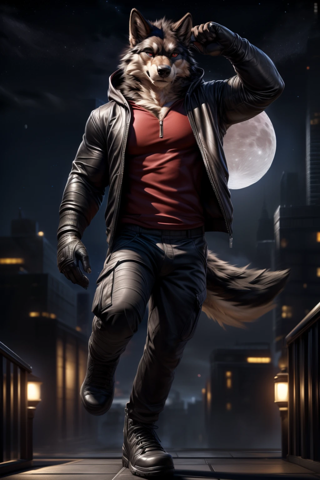 Death is a anthropomorphic silvery-white wolf with an elongated snout, gray mask-like markings on his face, sharp teeth, and glaring sinister red eyes, who has a well-built body, He wears a black cloak with a built-in hood, and brown trousers under the cloak, He also has brownish-gray wraps around his wrists and calves, and carries a pair of razor-sharp sickles, anthro wolf, male, adult, grey fur, buffed body, sexy, beefy body, furred body, beautiful, furry chest hair, realistic, full body, photorealistic, ultra realistic, 8k, night, bare-chested, in back turned posing, sexy butt