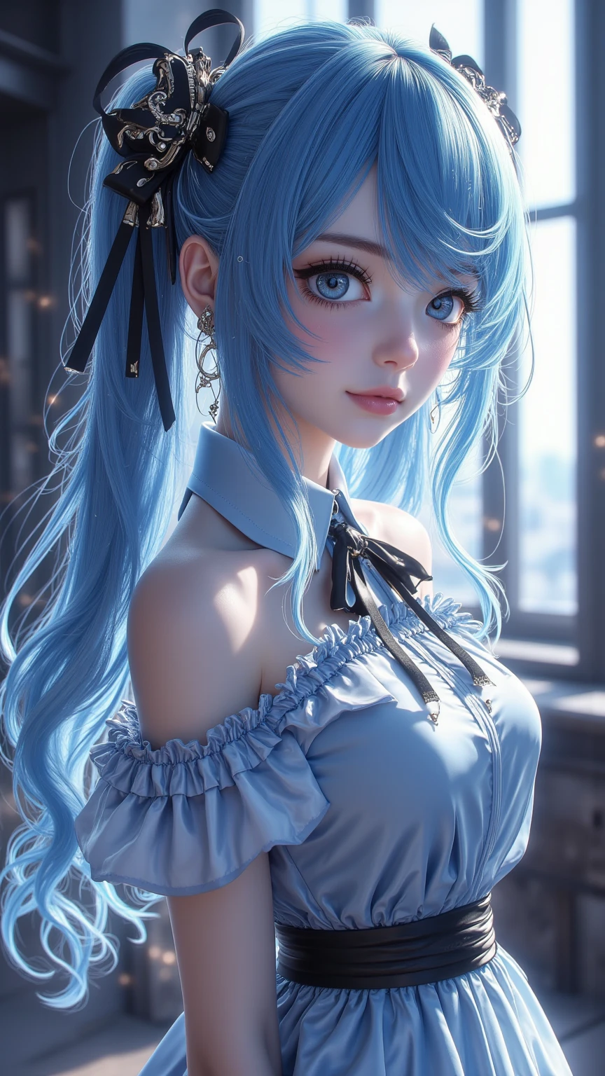 blue eyes, blue hair, white hair, streaked hair, gloves, hat, white gloves, black headwear, frills, more_details:-1, more_details:0, more_details:0.5, more_details:1, more_details:1.5, white Military uniform