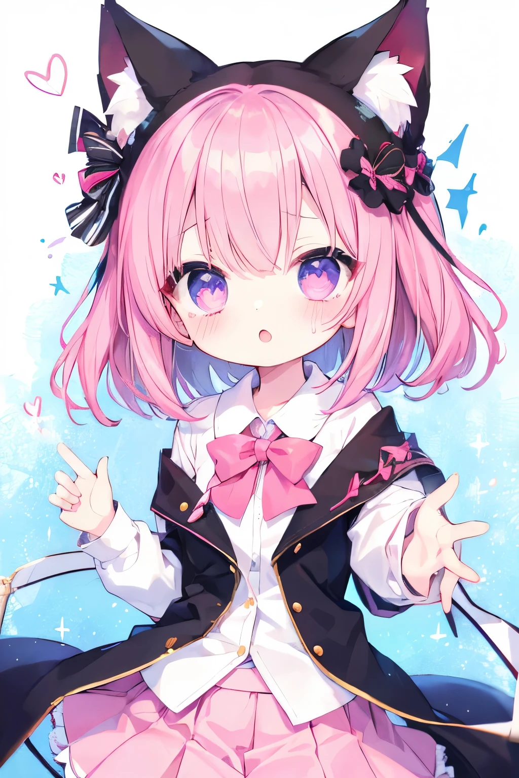short, The hair color is light pink 、 cardigan、 Pink Skirt、 wear a collar 、 、Very beautiful and Eyeliner、 Eyeliner、1 person、Cat ears、((((( )))))、heart❤、((sweat、vapor))