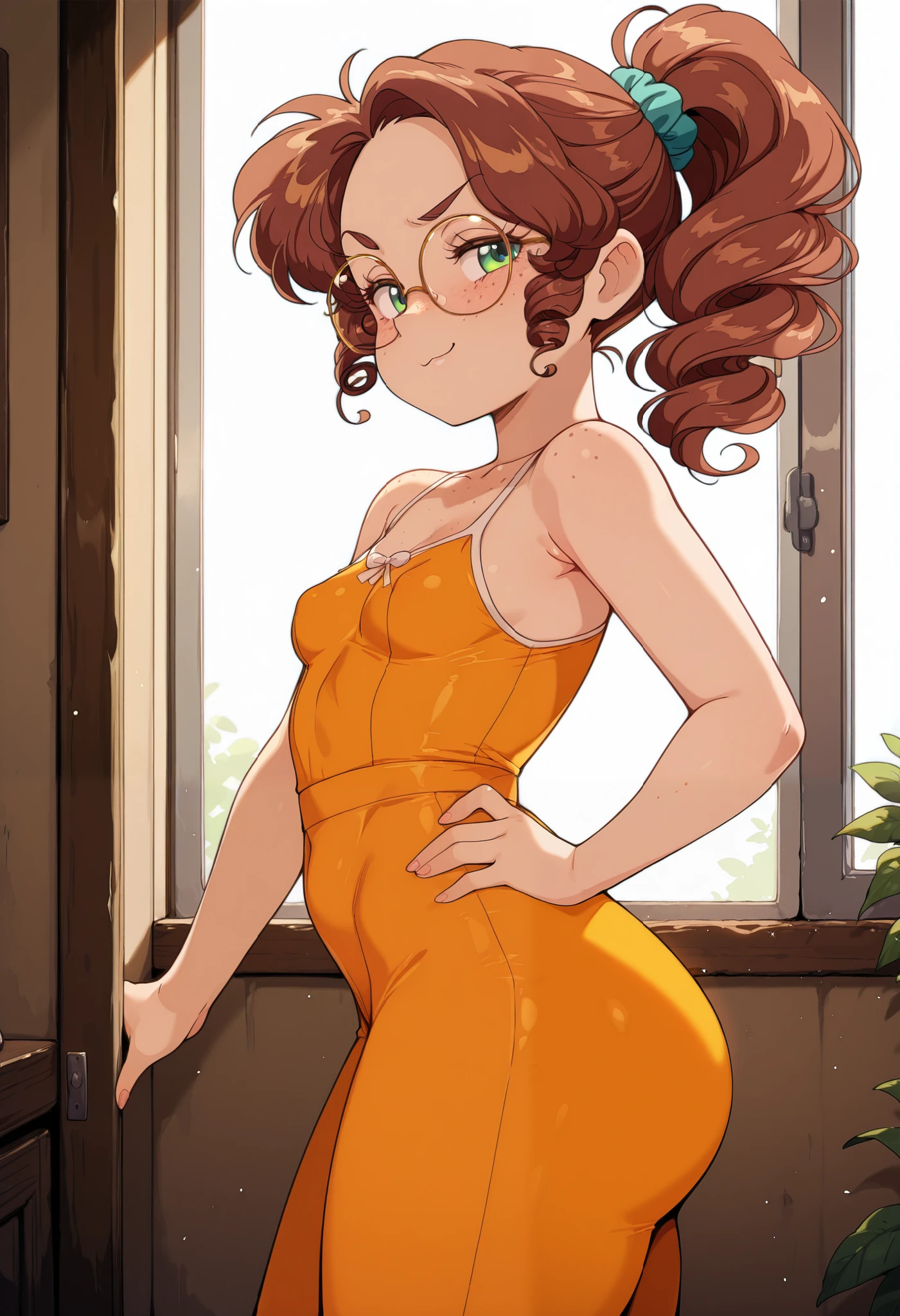 score_9, score_8_up, score_7_up, score_6_up, Bl3th3bn3_Styl3_SKNSFW, masterpiece, best quality, 1girl, caucasica, curly hair, white brown hair, ponytail hair, glasses, green eyes, flat girl, , small breast, freckles, casual clothes, en club nocturno, fiesta, delineado negro, maquillaje, smug, smirk, sonrojada, pose sexy, side view
