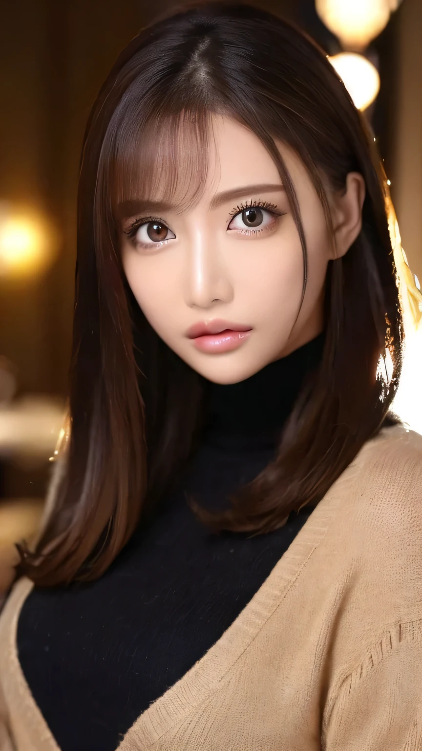 masterpiece, Highest quality, Very detailed, 複雑に詳細なSuper detailed, Realistic, Sharp features, Very detailed, Sharp focus, (18-year-old:1.3), Japanese Idols, Perfect Face, Perfect symmetrical eyes, Perfect Plump Lips, Super detailed, hyper Realistic, High resolution, Fashion Model, thin, stylish, Realistic, PhotoRealistic:1.3, Beautiful Face, From above, pov shot, Light brown hair, Messy Hair, Asymmetrical bangs, Dress neatly, (smile), (Black tops:1.2),