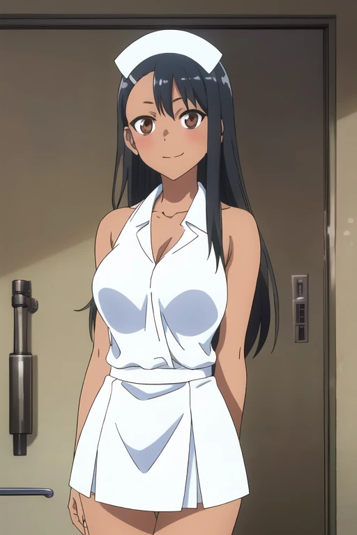 ( Extremely detailed 8k ), ( masterpiece), ( envelopes), (  ultra Detailed ), ( best illustration), ( best shade), (absurdities), 1 girl, Alone , Perfect face,  perfect eyes,, nagatoro hayase ,  hair ornament,  brown eyes ,  pinza , , dark skin,  black hair,  wide hair, evil smile,  leather fang , desnuda,  , shiny  s,  close the camera , shiny  ,   big thighs, Standing,  folded front , He leaned over,  , beautiful,  nurse,  short white skirt , hospital gown, hospital room,   shoulders , neckline