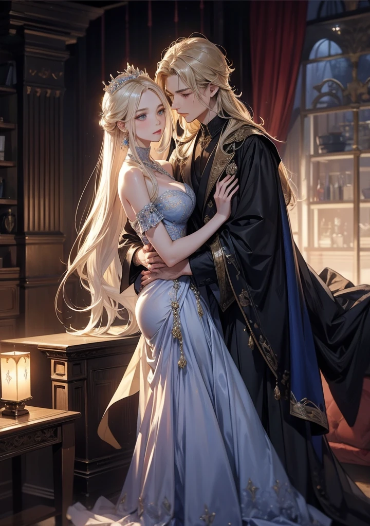 Tall, handsome, statuesque, manly, adult man-platinum blonde, elf- men king, he has long straight platinum hair, blue eyes, royal silver elf robes, he holds the hand of an incredibly beautiful young femme fatale-blonde human, she has blue eyes, long golden hair. They're in love. Realistic image.