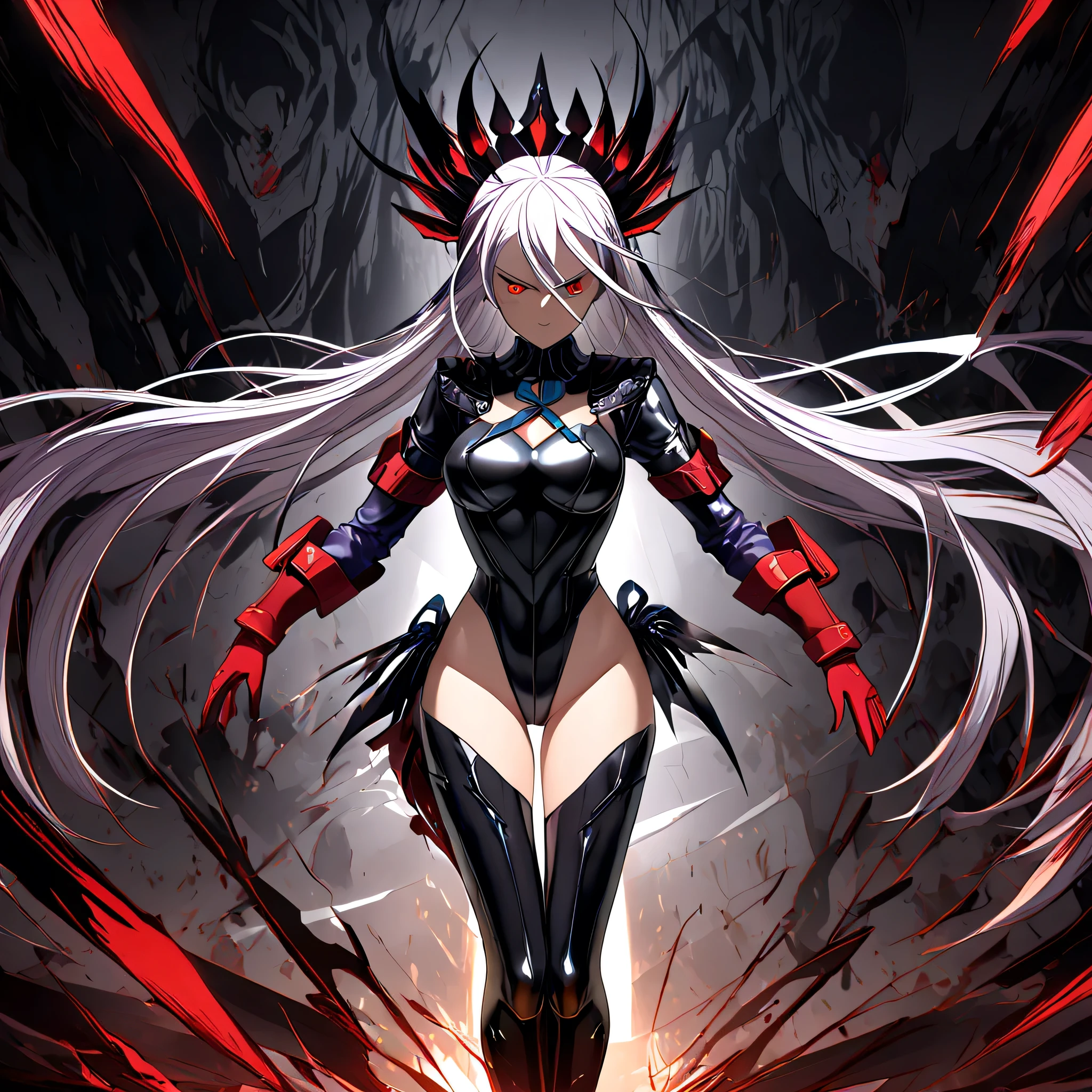 anime, (masterpiece), (best quality), (ultra-detailed), (best illustration), (best shadow), (absurdres), (detailed background), (very aesthetic), shiny, detailed beautiful eyes, outstanding, countershading, detailed soft lighting, an exquisite animation illustration, 1girl, solo, anheang, Dollsuit, thighthigh, dark persona, empty eyes, expressionless, blank eyes, looking at viewer, red gloves, full body, emotionless, Fighting Stance, hair ornament, medium breast, submissive pose, seductive pose, fleurdelis, despian luluwalilith, silver hair, red eyes, long hair, horror \(theme\), dark theme, single claw wing, huge silver sword, holding huge silver sword,