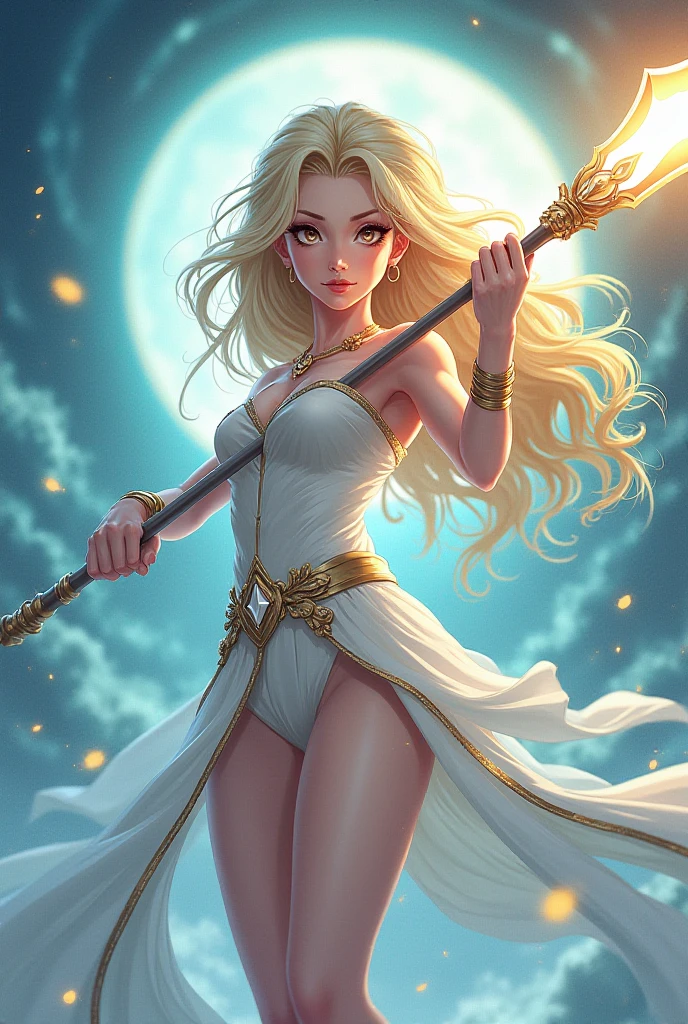 Best quality, best definition, best art, artwork, gorgeous, painting, blonde hair, long blonde hair, perfect hair, long hair, perfect skin, black skin, brown skin, black skin, dress, long white dress, white dress, greek goddess dress, full body, whole body, holding a lightning bolt, holding a golden ray, lightning, gold ray, spear, whole body.