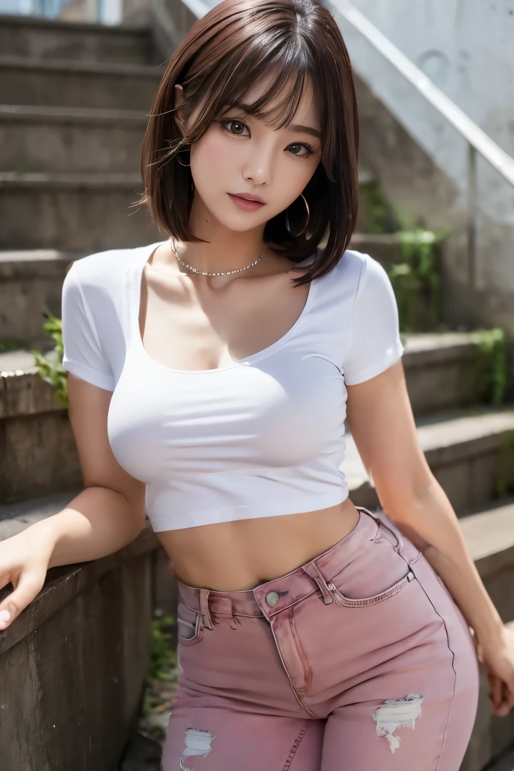 of the highest quality, 超A high resolution, (Photorealistic: 1.4), Beautiful eyes,short detailed hair,White T-shirt,Beautiful breasts, Lovers, lover's eyes, Sexy smile, Perfect style, Perfect balance, Detailed skin,