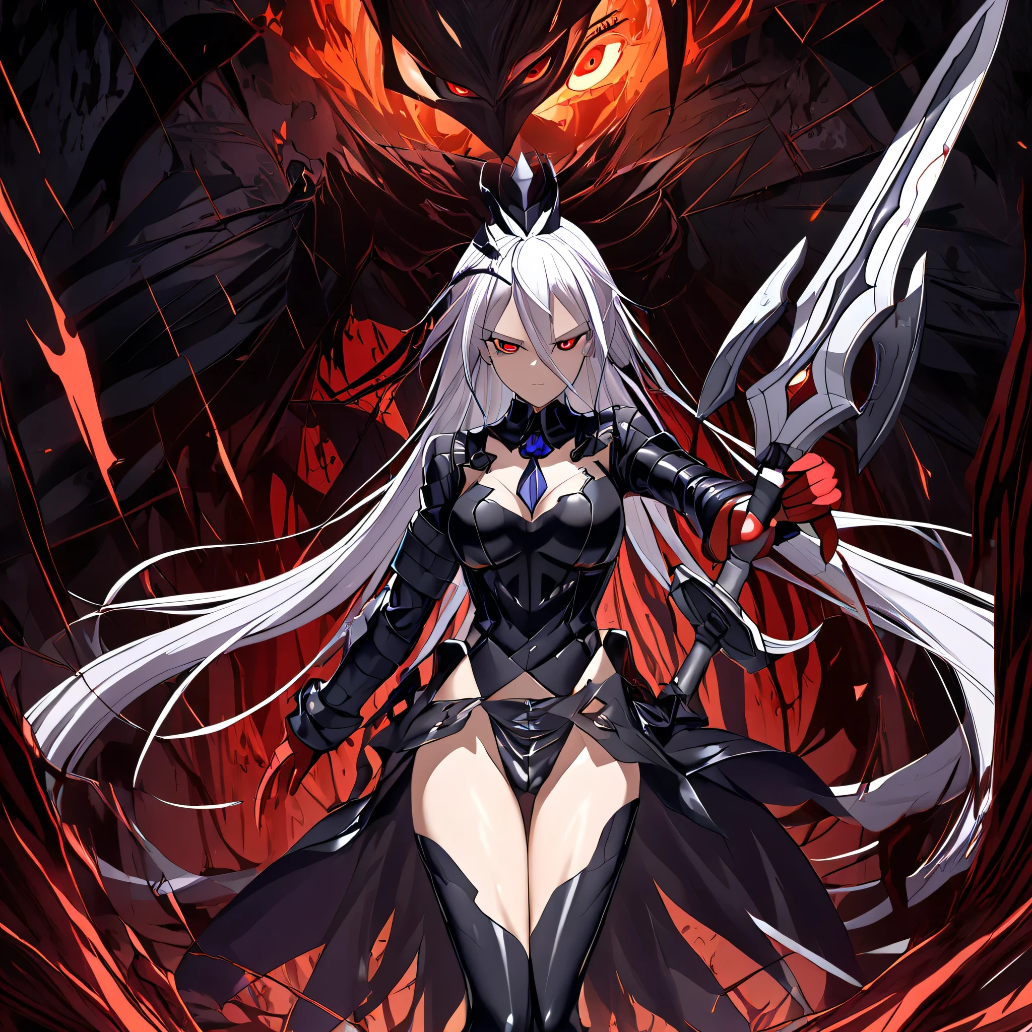 anime, (masterpiece), (best quality), (ultra-detailed), (best illustration), (best shadow), (absurdres), (detailed background), (very aesthetic), shiny, detailed beautiful eyes, outstanding, countershading, detailed soft lighting, an exquisite animation illustration, 1girl, solo, anheang, Dollsuit, thighthigh, dark persona, empty eyes, expressionless, blank eyes, looking at viewer, red gloves, full body, emotionless, Fighting Stance, hair ornament, medium breast, submissive pose, seductive pose, fleurdelis, despian luluwalilith, silver hair, red eyes, long hair, horror \(theme\), dark theme, single claw wing, huge silver sword, holding huge silver sword,