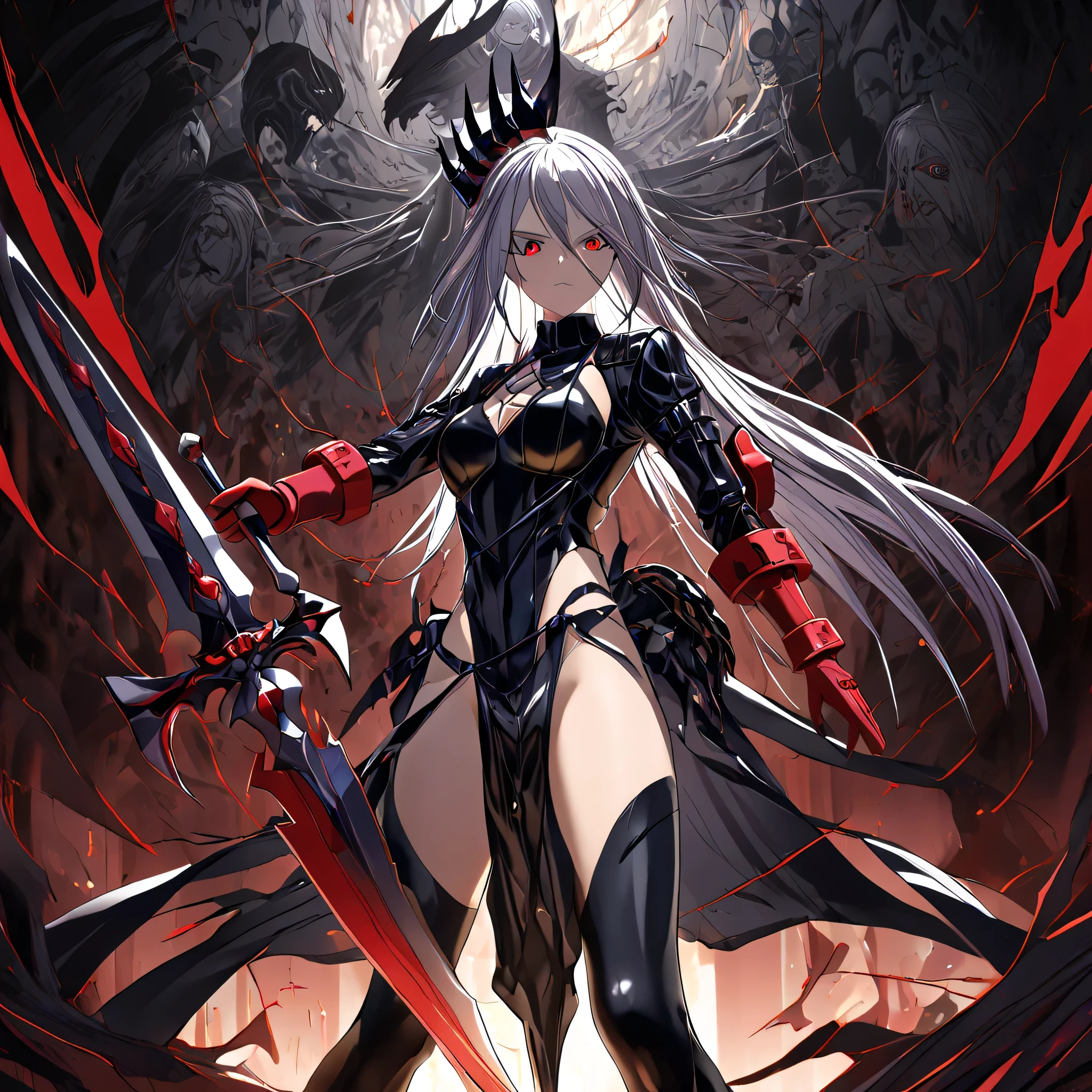 anime, (masterpiece), (best quality), (ultra-detailed), (best illustration), (best shadow), (absurdres), (detailed background), (very aesthetic), shiny, detailed beautiful eyes, outstanding, countershading, detailed soft lighting, an exquisite animation illustration, 1girl, solo, anheang, Dollsuit, thighthigh, dark persona, empty eyes, expressionless, blank eyes, looking at viewer, red gloves, full body, emotionless, Fighting Stance, hair ornament, medium breast, submissive pose, seductive pose, fleurdelis, despian luluwalilith, silver hair, red eyes, long hair, horror \(theme\), dark theme, single claw wing, huge silver sword, holding huge silver sword,