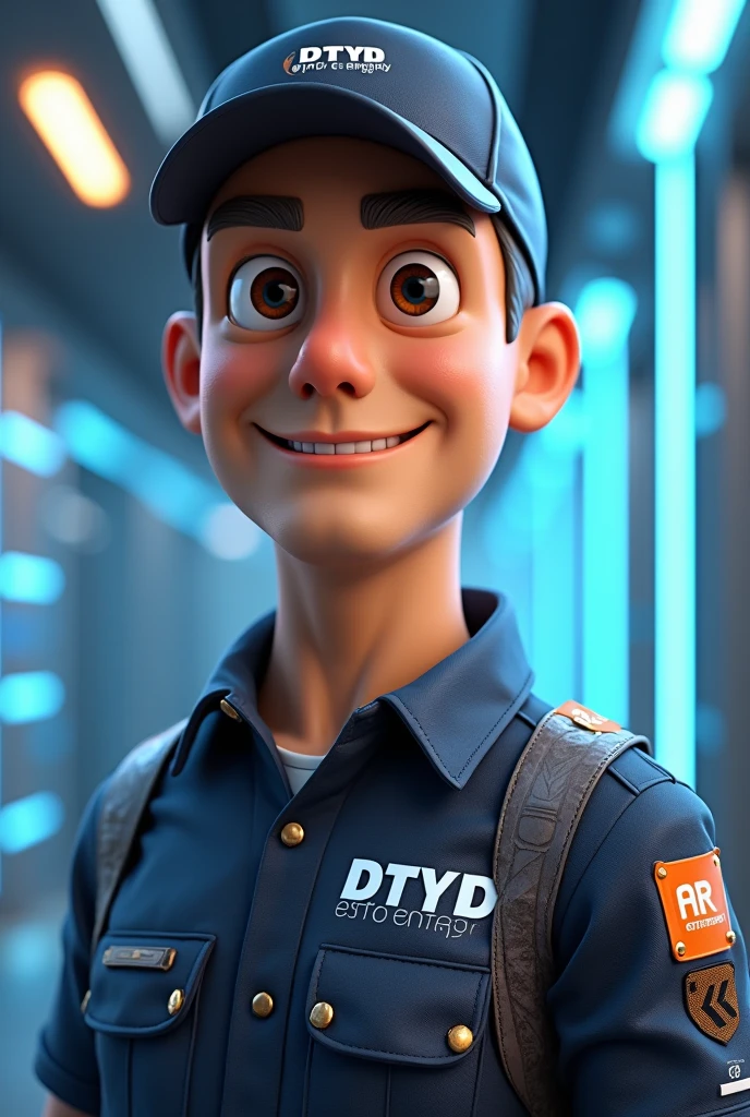 personagem dos desenhos animados de um homem careca e uma camisa azul escrito PORTOEX em laranja, truck in the back with PORTOEX writing on the trunk, animation character, Caractere estilizado, animation style rendering, 3D estilizado, Arnold Maya render, 3 d render stylized, toon render keyshot, Personagem 3D, Personagem 3D, 3d rendering stylized, 3 d character render, personagem de desenho animado, Personagem de close up, Pose de personagem, (Estilo Pixar) (master part:1.2) (Bokeh) (best quality) (pele detalhada) (textura detalhada) (8k) (argila) (Cinematic lighting) (foco nítido
