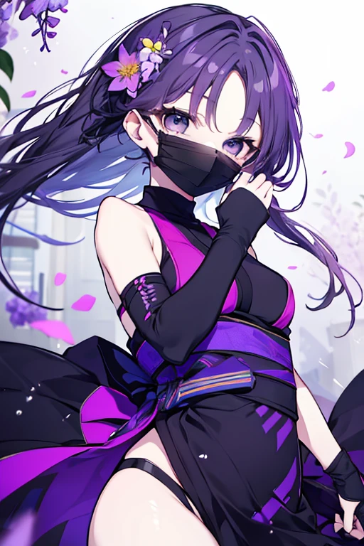 ((sfw)), (cowboy shot), (1girl,ninja,kunoichi,purple hair,hood,purple japanese clothes,kimono,leotard,boots,holding shuriken),(hiding in the shadows:1.5), (indoor,dark japanese castle), (kawaii), ((masterpiece)), ((best quality)), (ultra-detailed), 
